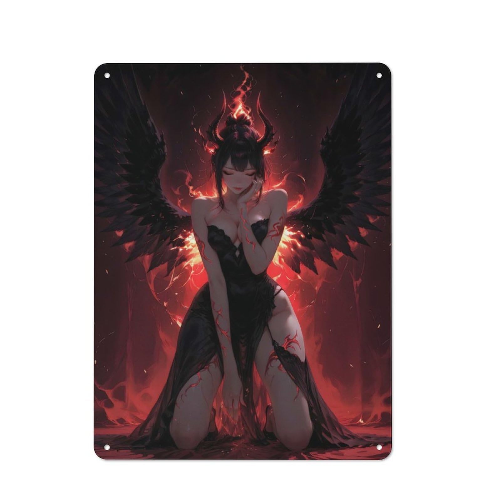 Tin Sign 40x30cm with Fallen Angel with Wings of Fire for Hallway Wall, Retro Decor, Suited to Hallway Decor Lovers