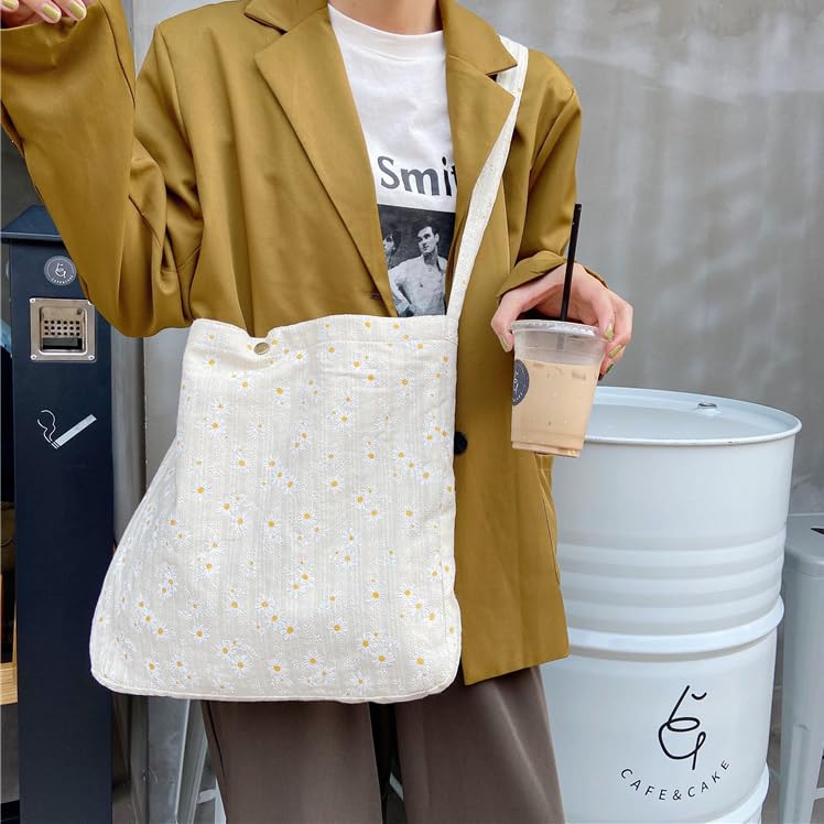 Image of Women's Floral Embroidered Tote Bag with Pocket flowers embroidery crossbody shoulder bag beach cute handbag canvas