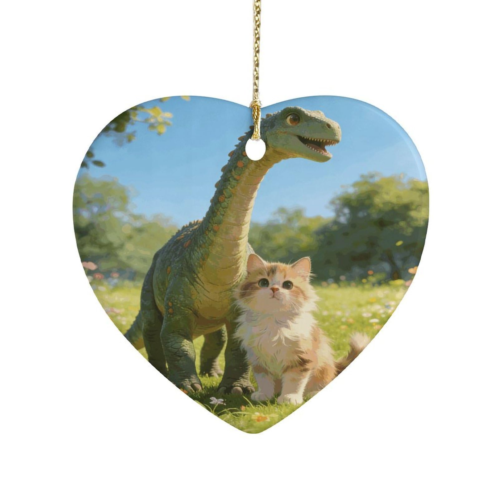 Khauerbc Style Cat And Dinosaurheart Shaped Ceramic Ornament With String,Ceramic Ornament,Two-Sided Printed For Christmas Tree And Holiday Decoration