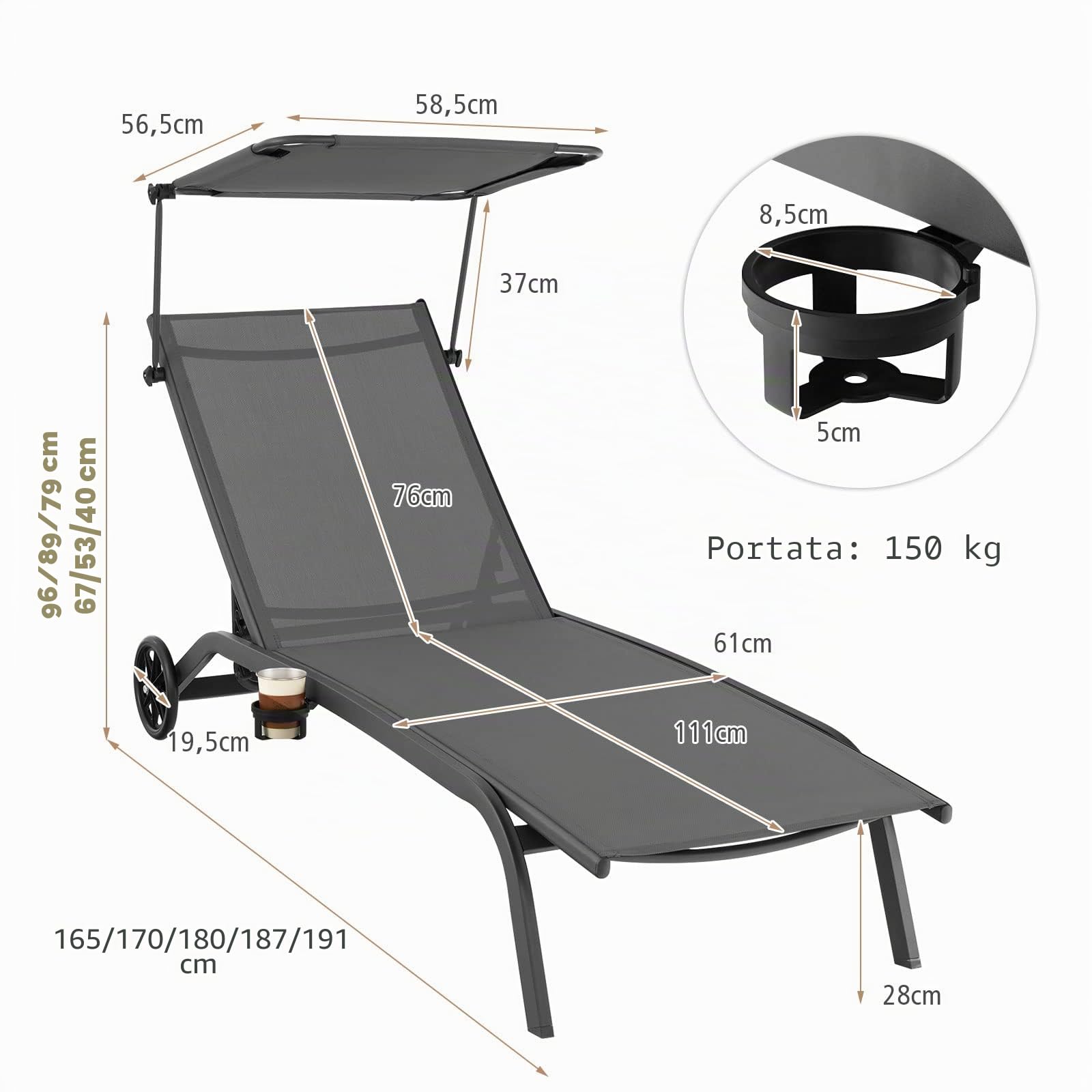 KOMFOTTEU Lettino Prendisole con Ruote e Tettuccio Parasole，Grigio：1 | Sedia a Sdraio con Portabicchiere, Schienale Regolabile in 5 Livelli, in Tessuto Textilene, Portato 150 kg, da Giardino