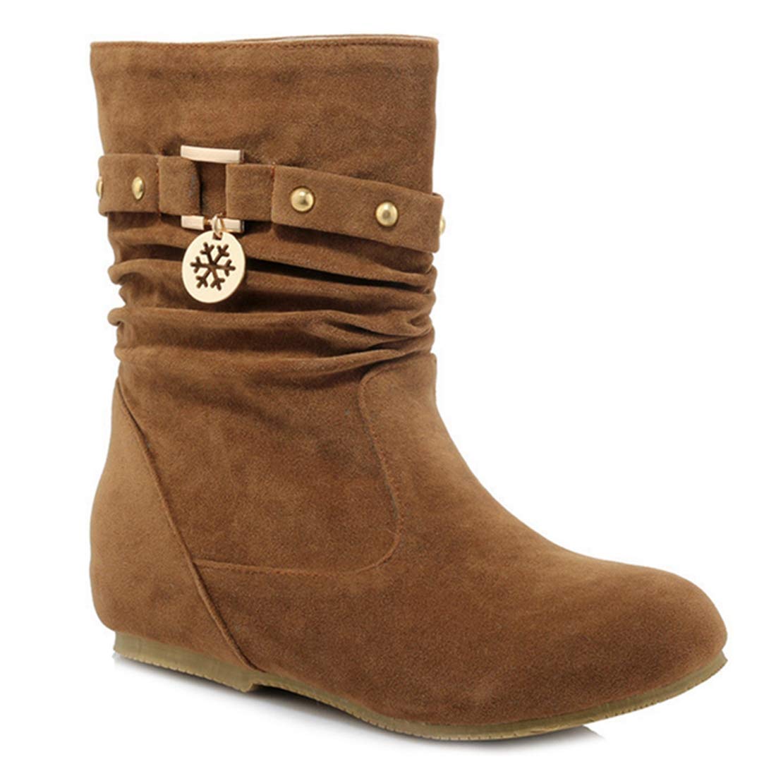 VOKLIN Womens Casual Round Toe Slouch Ankle Boots Suede Metallic Pull On Low Wedge Hidden Heel Short Booties
