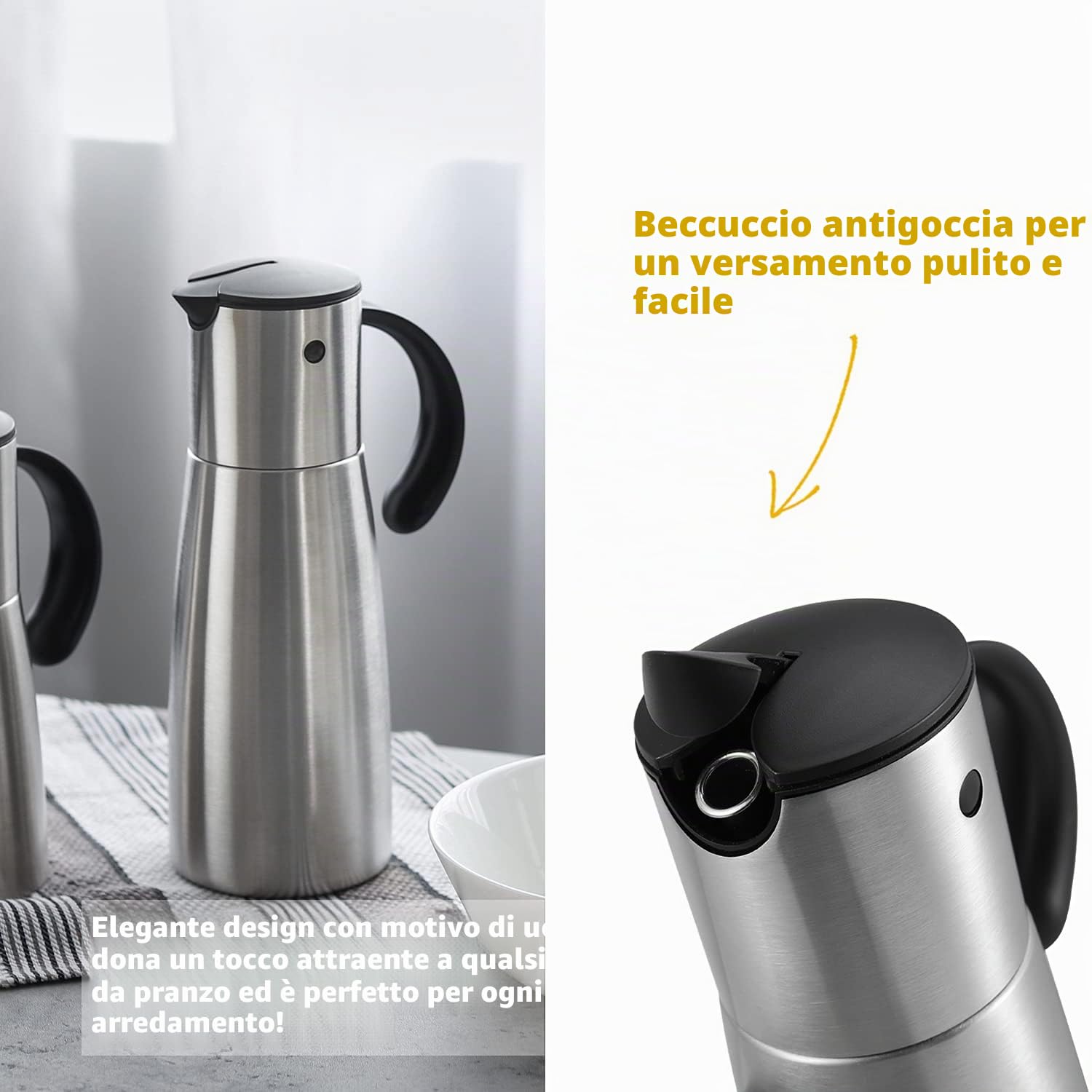 Vucchini 380 ml Dispenser per Olio d'Oliva Tutto in Acciaio Inossidabile per La Cottura in Cucina,con Tappo Automatico,Contenitore per Condimenti a Ribaltamento