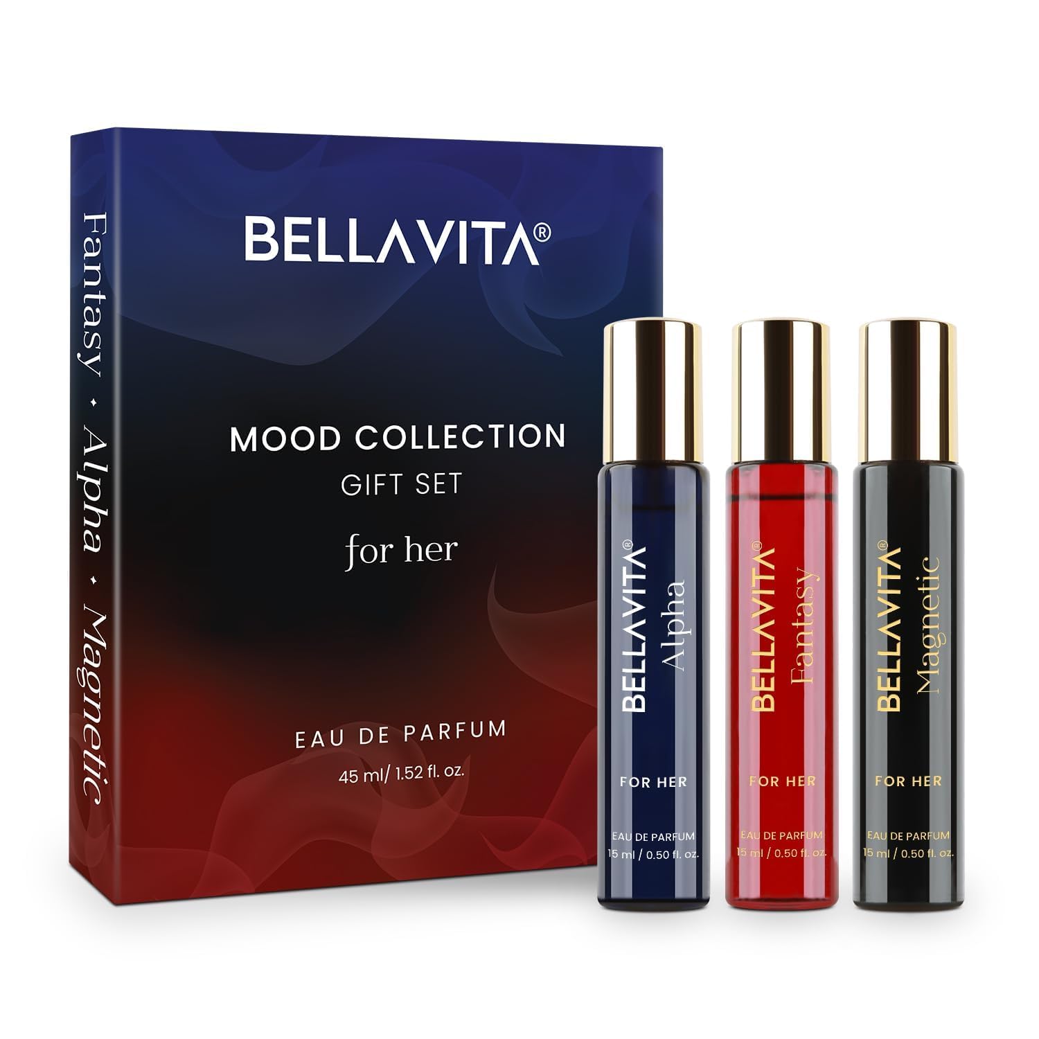 Bellavita Mood Collection Gift Set – Fantasy for Her, Alpha for Her & Magnetic for Her | 3×15 ml | Pheromone Inspired Technology | Perfect Christmas & New Year Gift