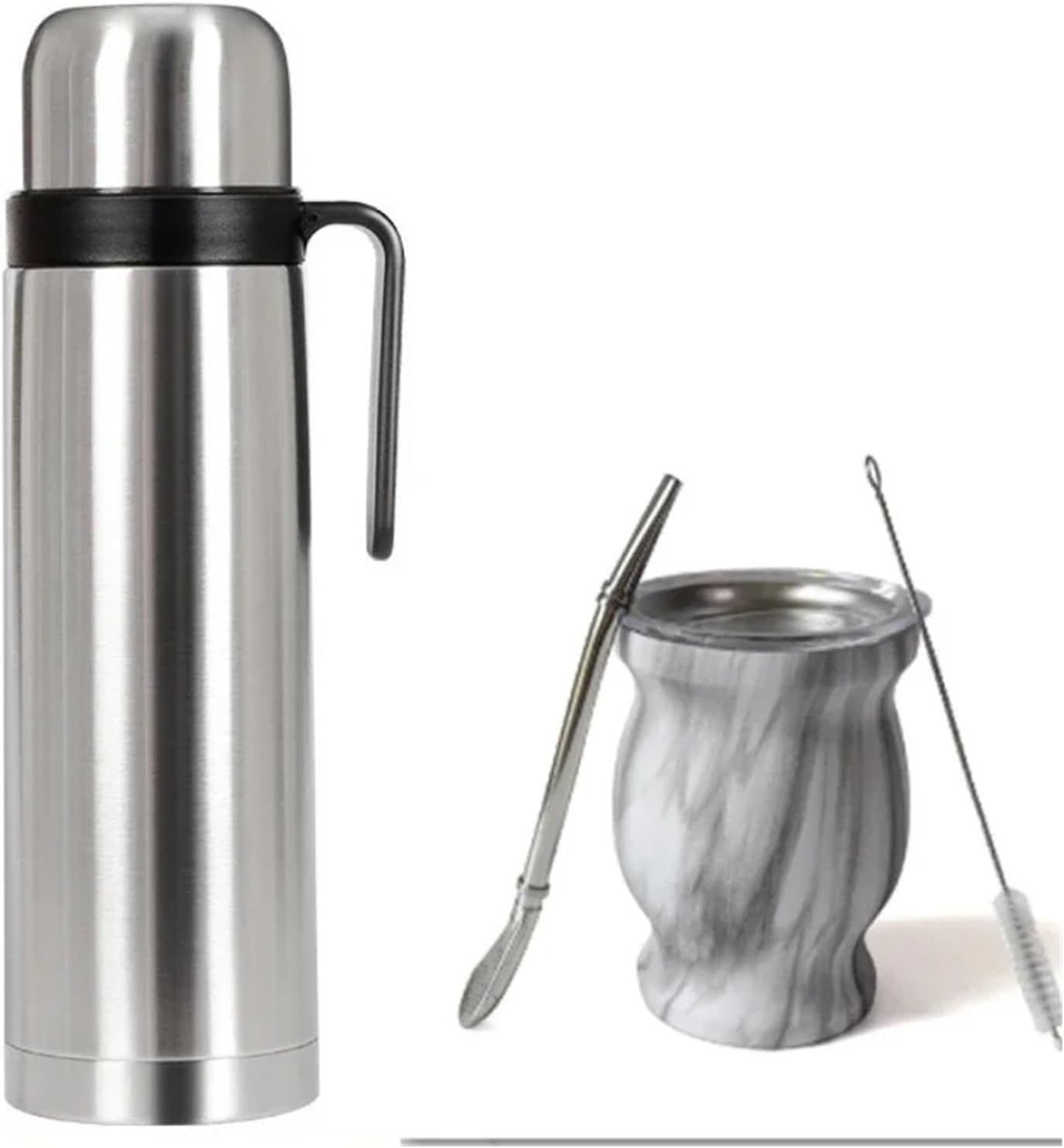 Stainless Steel Coffee Pot & Hot Water Kettle with Gourd-Shaped Companion Cup, Portable Travel Pot with Straw & Spoon(Stainless steel 1L)