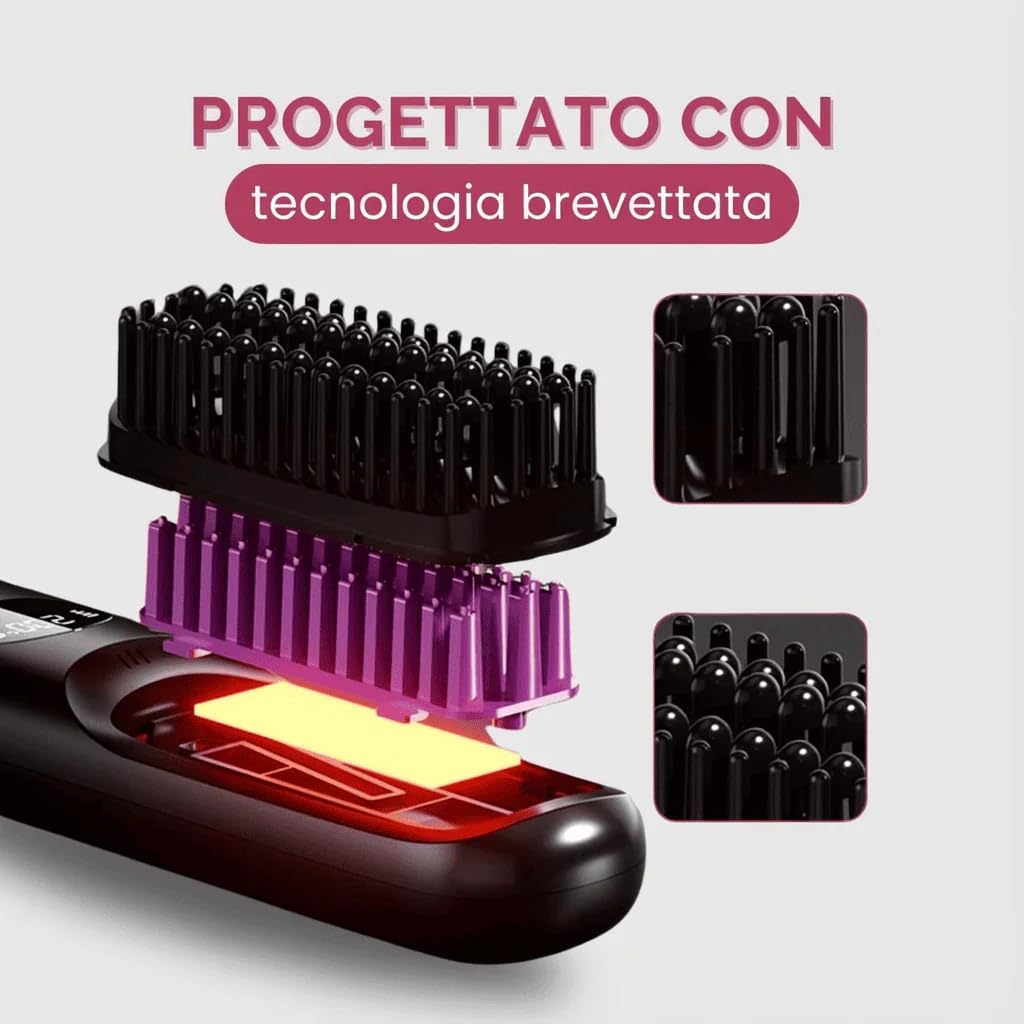 DemmyLab Spazzola Lisciante Piastra per Capelli Spazzola Lisciante in Ceramica con Display LCD, Senza Fili, 3 Temperature 160°C - 200°C per Capelli Lisci, Ricci e Mossi