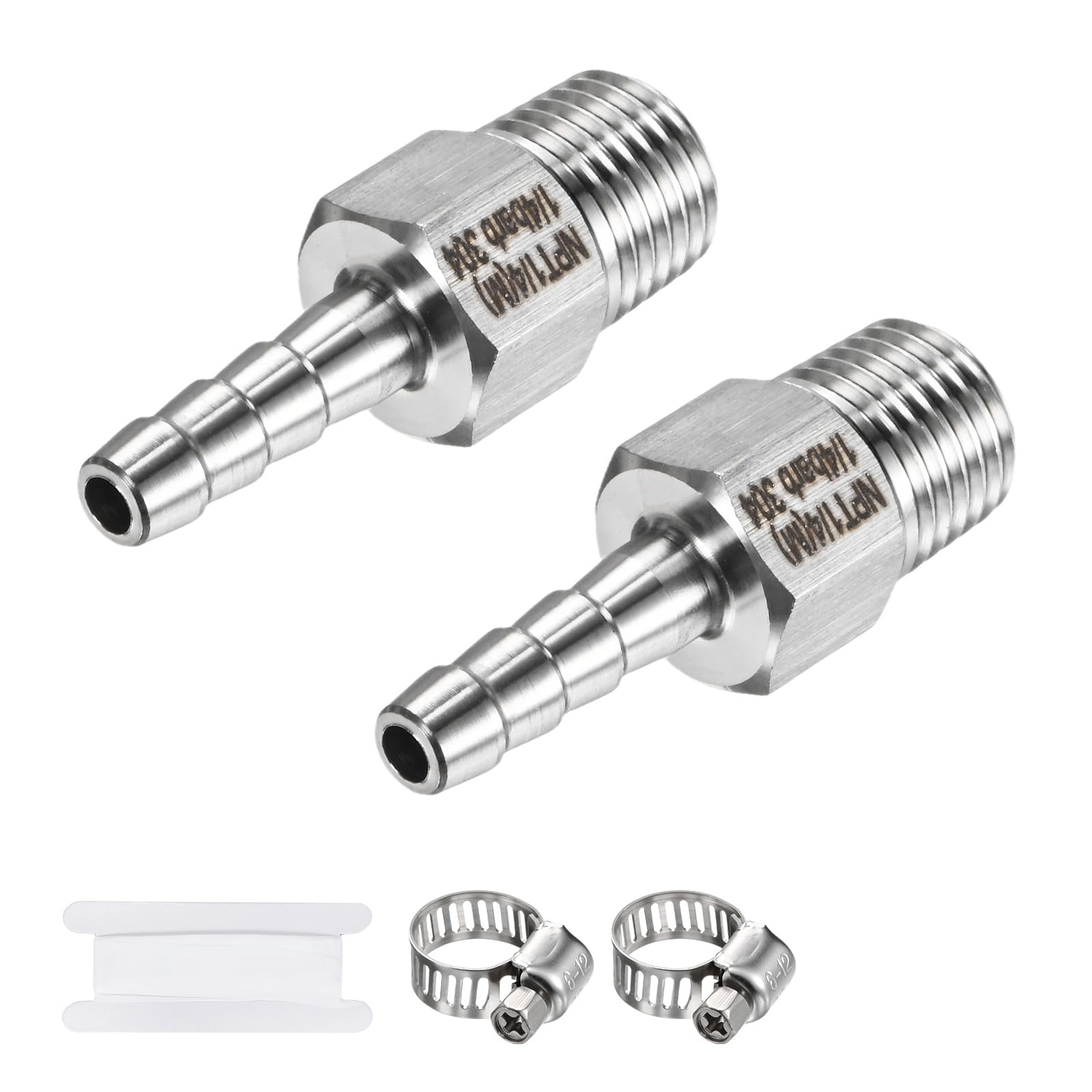 M METERXITY 2-Pack Garden Hose Adapter, 304 Stainless Steel 1/4" Barb x 1/4" NPT Male Threaded Connector with Sealing Tape & Clamp Garden Hose Convert Fitting for Pipe