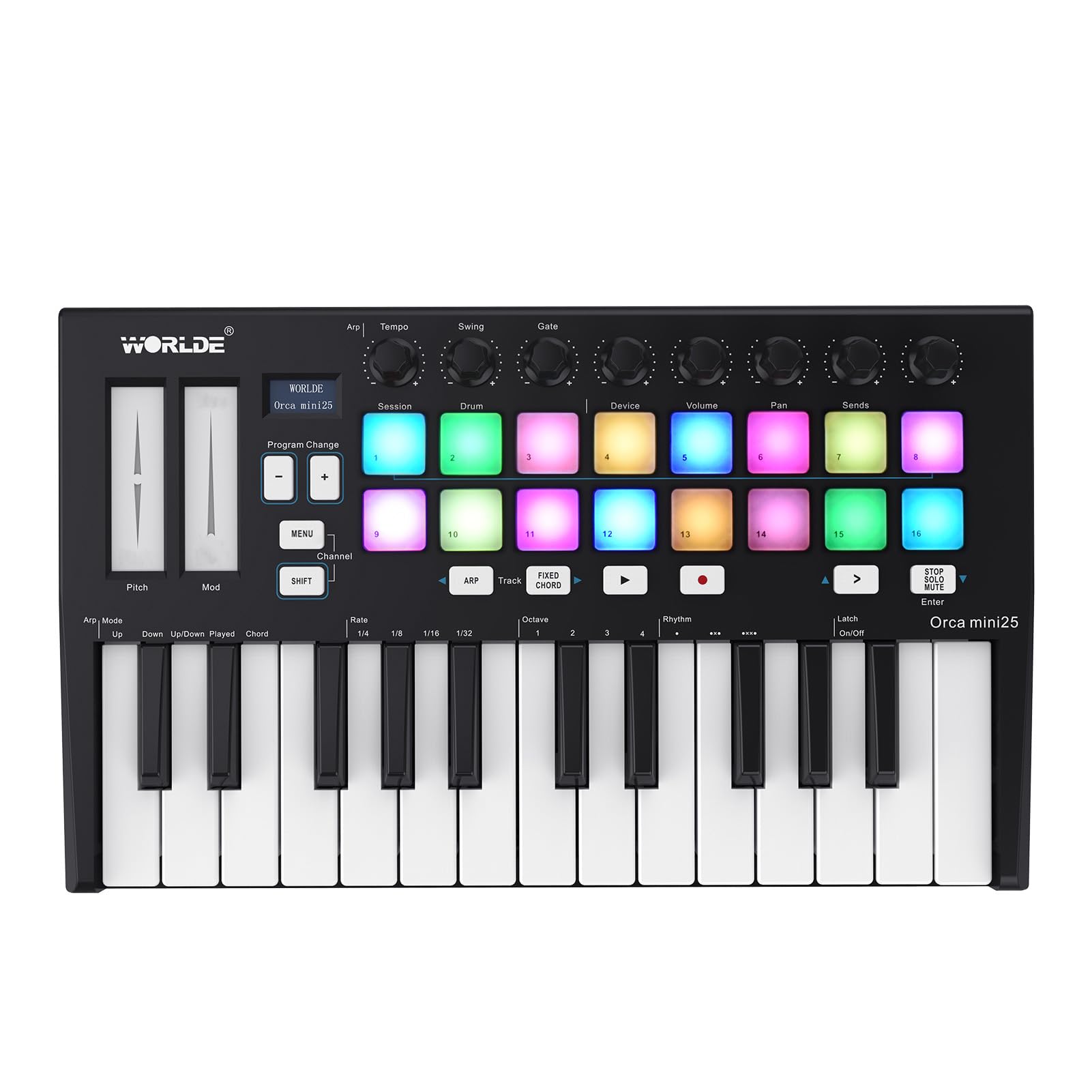 Generic Kontroler Klawiatury USB MIDI z Podświetleniem RGB na 25 Klawiszy i Przypisywalnymi Pokrętłami Sterującymi do Produkcji Muzycznej i Występów na żywo w Czerni i Bieli