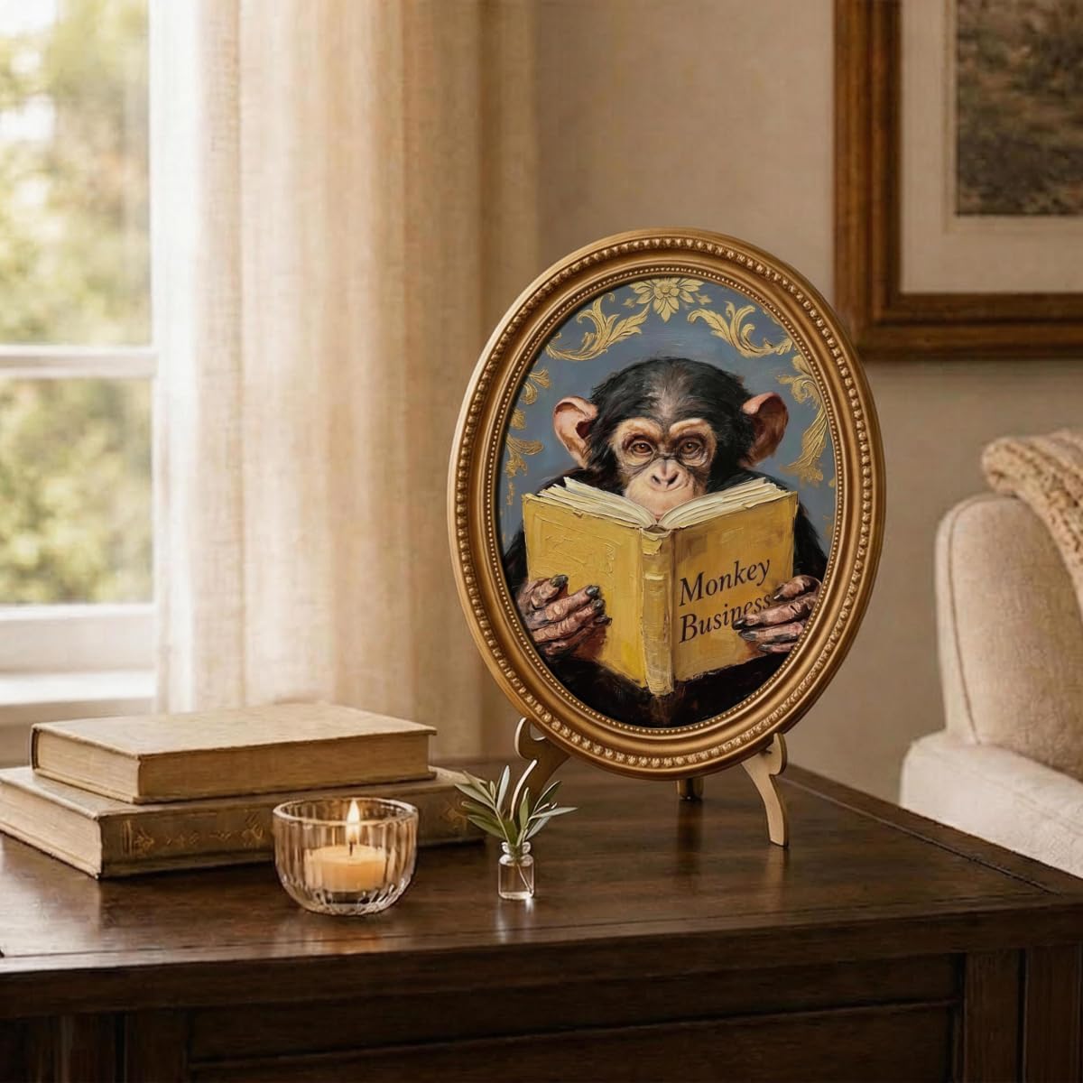 Quirky Monkey Oval Wood Wall Art, Humorous Vintage Oil Painting Style Wall Decor, Whimsical Chimpanzee Artwork for Living Room Bedroom, 11.2 x 9 Inch image 2