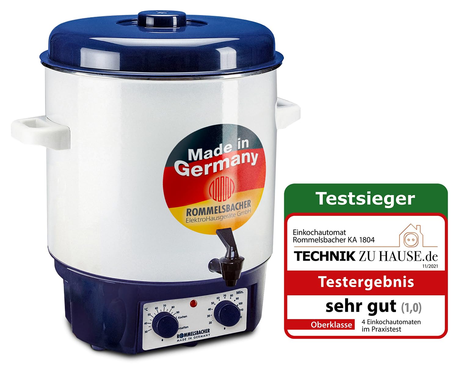 ROMMELSBACHER Glühwein-/Einkochvollautomat KA 1804, MADE IN GERMANY, 2-Schicht-Emaillierung, 27 Liter/für 14 Gläser à 1 Liter, stufenlos regelbar, Entsafterschaltung, Zeitschaltuhr, Ablaufhahn, 1800 W