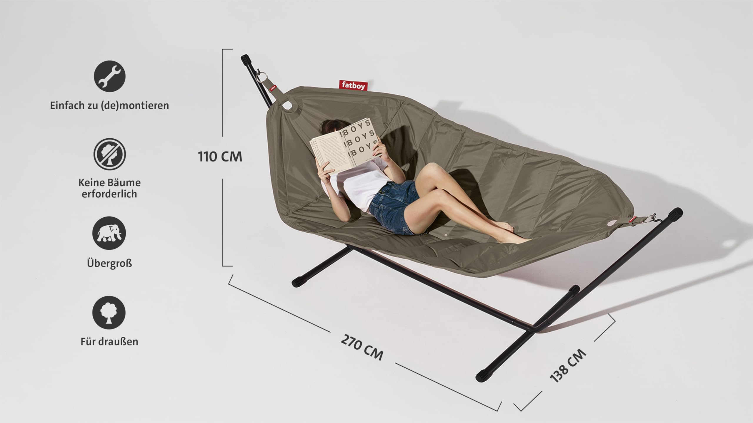 Fatboy Headdemock Hängematte - Klappbare Hängematte mit Gestell - Outdoor geeignet für Camping, Garten & Terrasse - Reise Hängesessel aus Polyester für bis zu 150kg - 270 x 138 cm - Taupe