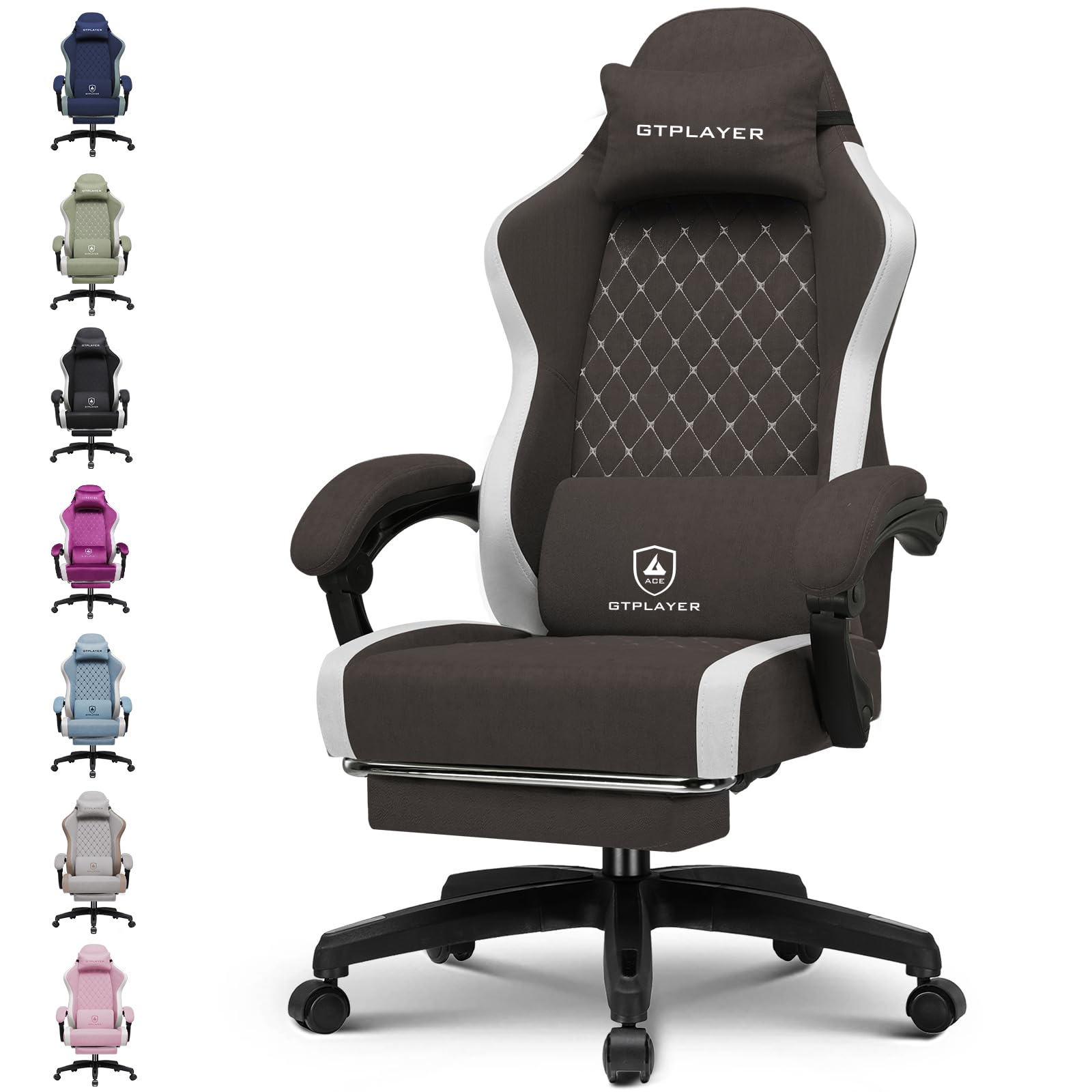 GTPLAYER Gaming Chair with Footrest Fabric Office Chair with Pocket Spring Cushion and Linkage Armrests, High Back Ergonomic Computer Chair with Lumbar Support Task Chair Brown
