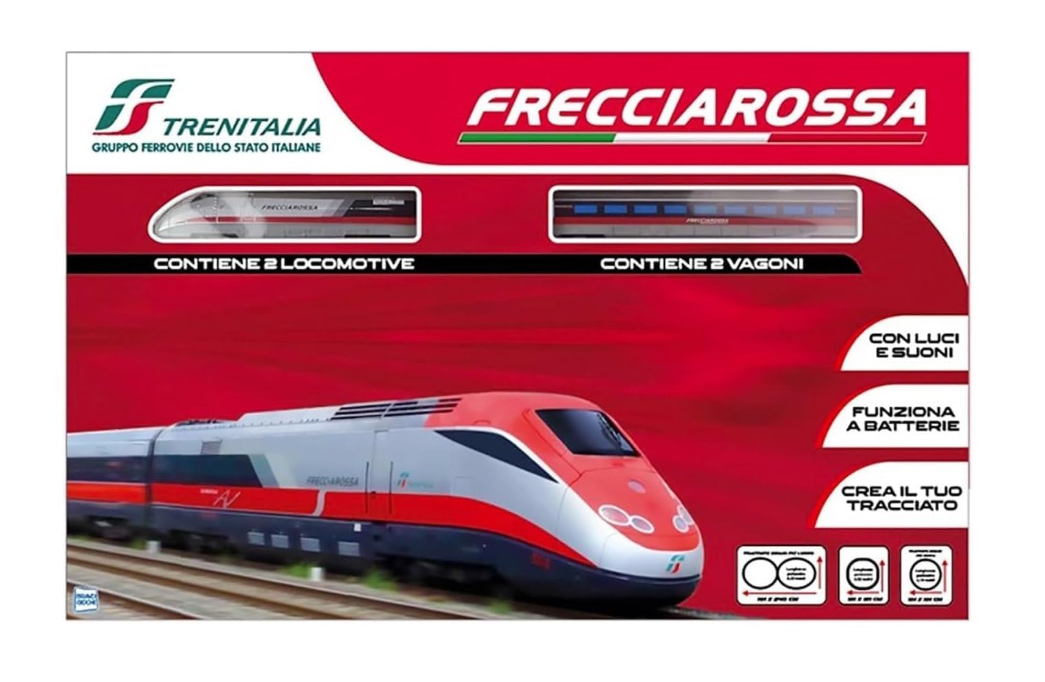 Pista Trenitalia Frecciarossa 500 Scala 1:43 con luci e Suoni - Treno Giocattolo 2 locomotive 2 vagoni e 3 tracciati binari - Funzionamento a Batteria - idea regalo