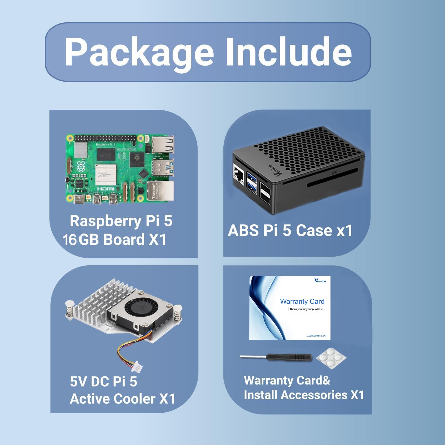 Vemico Raspberry Pi 5 16GB Kit con Pi 5 16GB scheda singola, dispositivo di raffreddamento attivo, custodia protettiva, scheda di garanzia e cacciavite