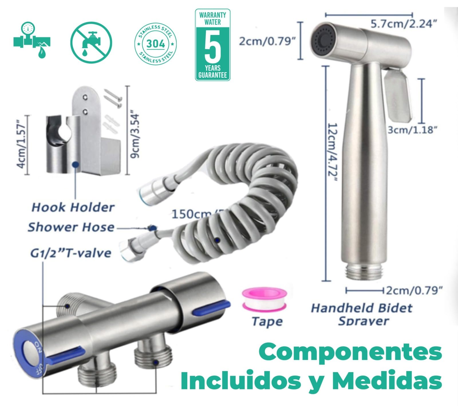 CHILL HOUSE Ducha Higienica para WC en Acero Inox con Grifo bidet, Manguera y Ducha bidet para Inodoro Completo - Grifo para WC con Ducha inodoro para Duchas Higienicas