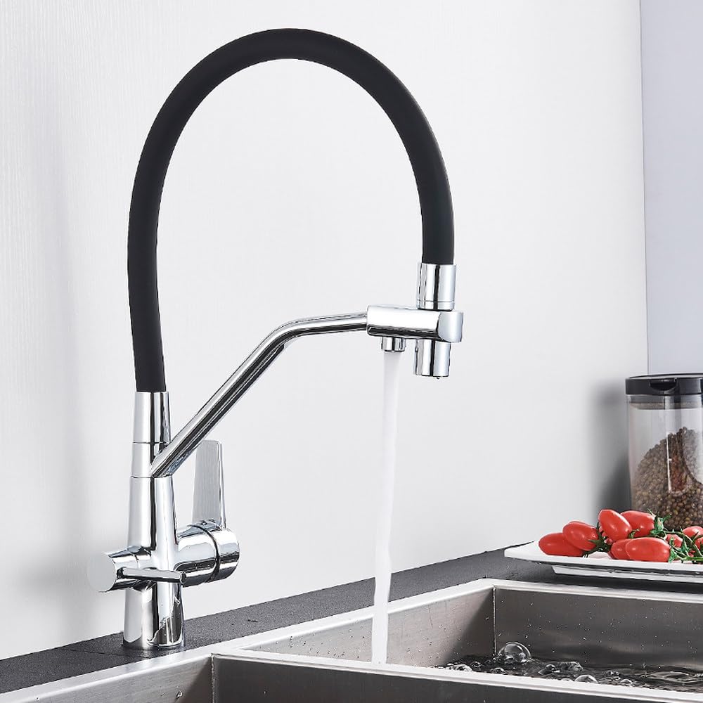 Robinet de cuisine double sortie chrome pour eau filtrée pure et mitigeur chaud froid