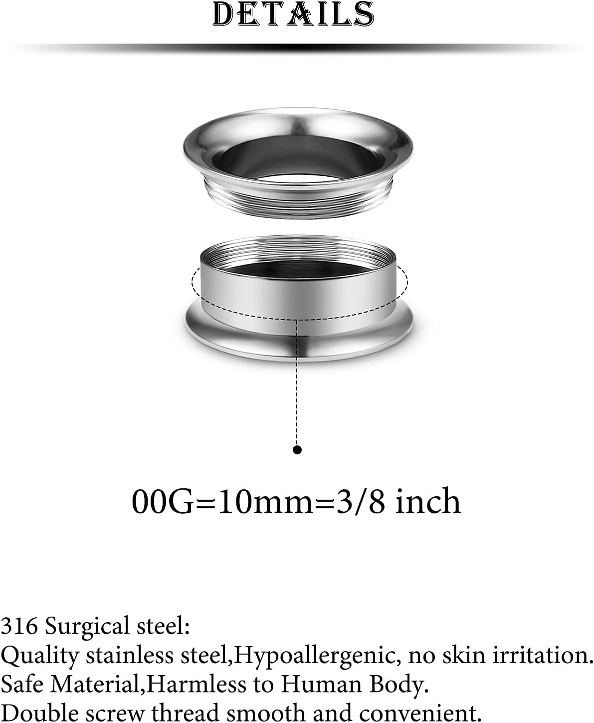 12G-50mm Screw Fit Gauges for Ear Double Flared Tunnels Plugs Internally Threaded 316L Surgical Steel Mirror Finish Hollow Ear Gauges Earrings for Women Men Silver Black Gold