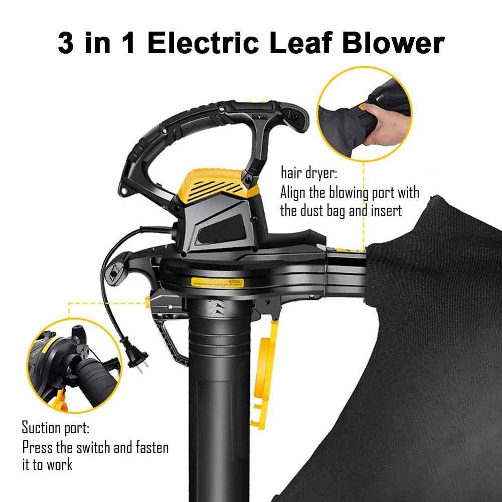 Soplador de Hojas de jardín y trituradora de vacío con Ruedas, soplador de Hojas 3 en 1 de 3800 W con Bolsa recolectora, 6 velocidades Ajustables (30 Meters Wire)