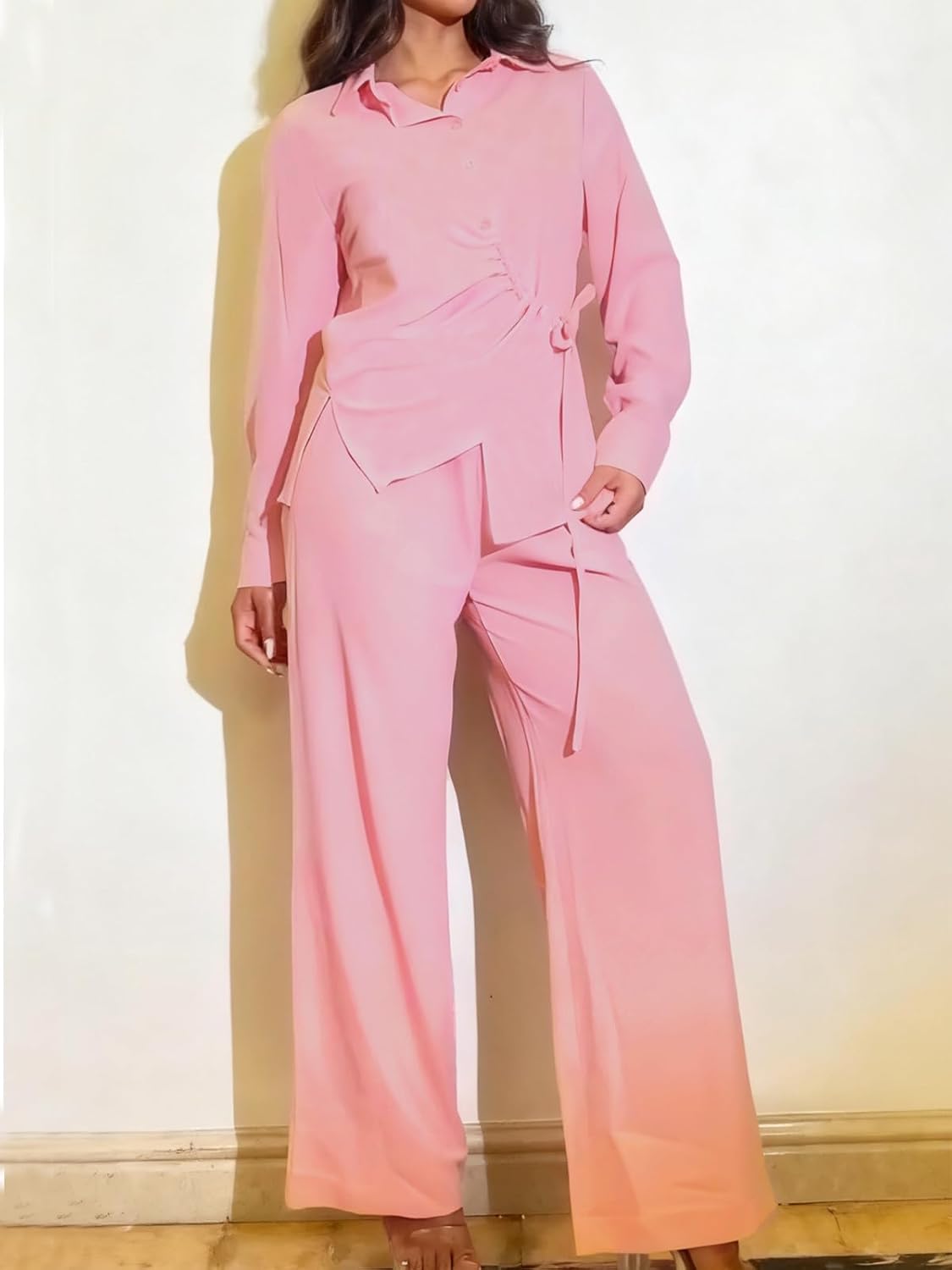 Elainone Pants Sets Women 2 Piece Outfits Long Sleeve Button Down Drawstring Shirt and Wide Leg Pants Matching Set - Image 5