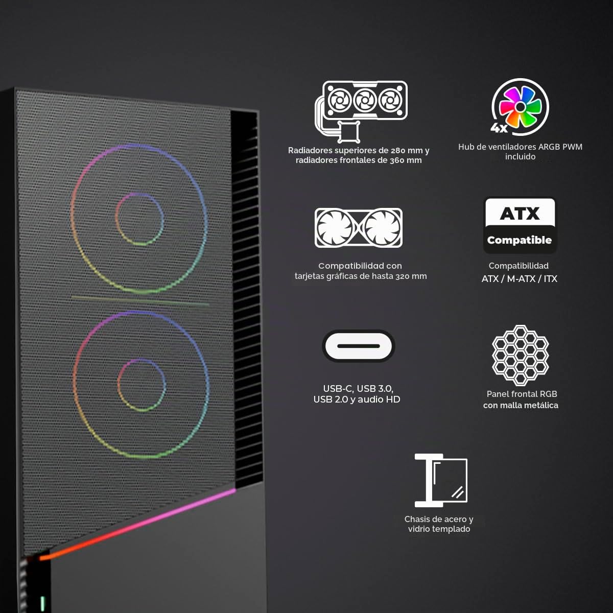 YEYIAN Chasis PC Caja Gamer Elara Mid-Tower, Compatible con ATX/M-ATX/ITX, Panel de Cristal Templado, 4 Ventiladores Incluidos RGB (3 Frontal y 1 Trasero), Color Negro