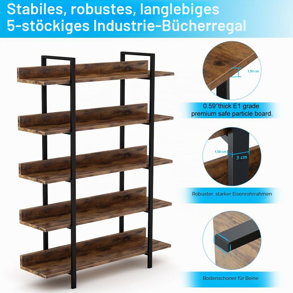 Tribesigns Bücherregal Lagerregal Stehendes Regal 5-stufiges industrielles stabiles Bücherregal mit Eisenrohrrahmen für Zuhause, Wohnzimmer, Schlafzimmer, Büro