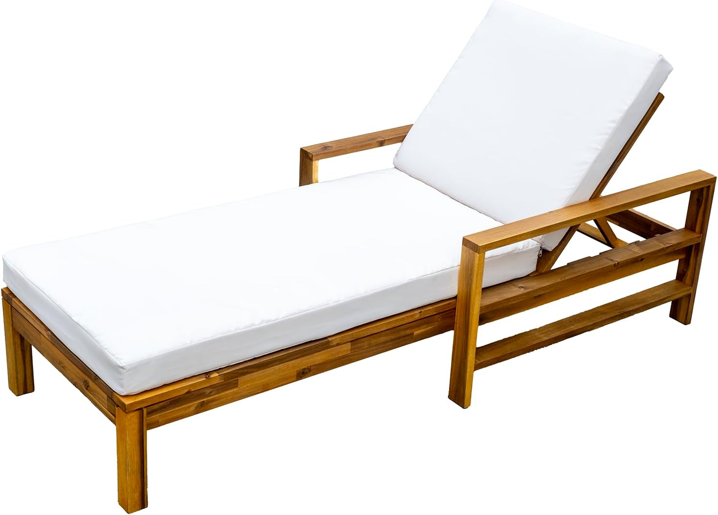 Merax Acacia Wood Adjustable Backrest Outdoor Lounge Chair,3-Position Reclining Patio Chaise Lounge,529 lbs Capacity,Weather-Resistant for Garden,Terrace,Poolside,Natural Finish,Natural+Beige
