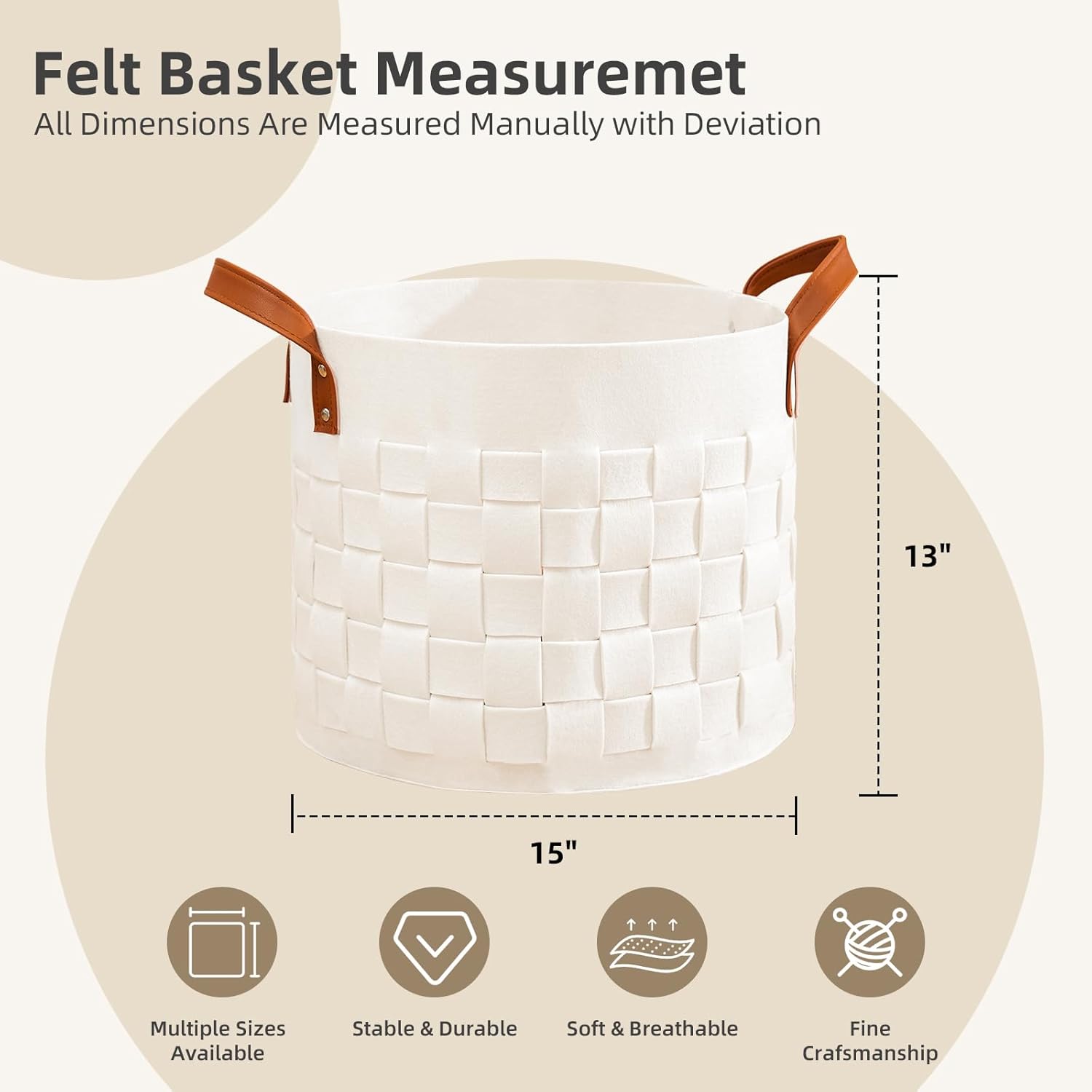 BOLDMONKEY Blankets Basket 15" x15 " x13 " 2 Pack, Round Laundry Hamper with Leather Handle, Soft Dog Toy Basket for Storage-Beige
