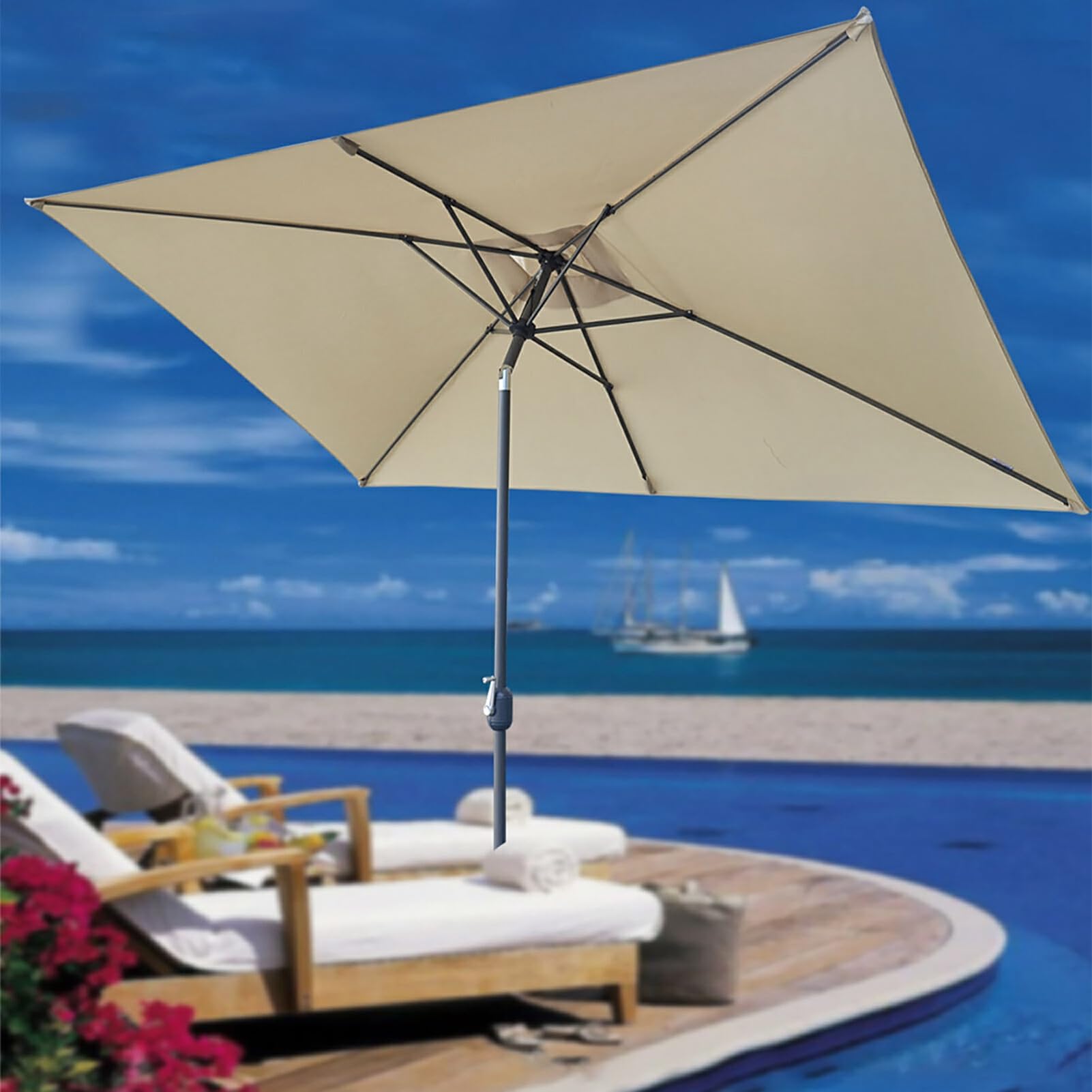 Auvent de rechange rectangulaire pour parasol de terrasse, 6 baleines, 3 x 2 m, Pour plage, piscine, terrasse, jardin(auvent uniquement)