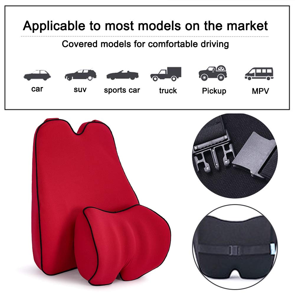 Car Lumbar Support Back Cushion & Headrest Neck Pillow Kit Cushion Memory Foam with Back Pain Relief for A/B/C/E/G/S/V-Class CL CLA CLK CLS GL GLA GLC GLE GLS 1PCS Red
