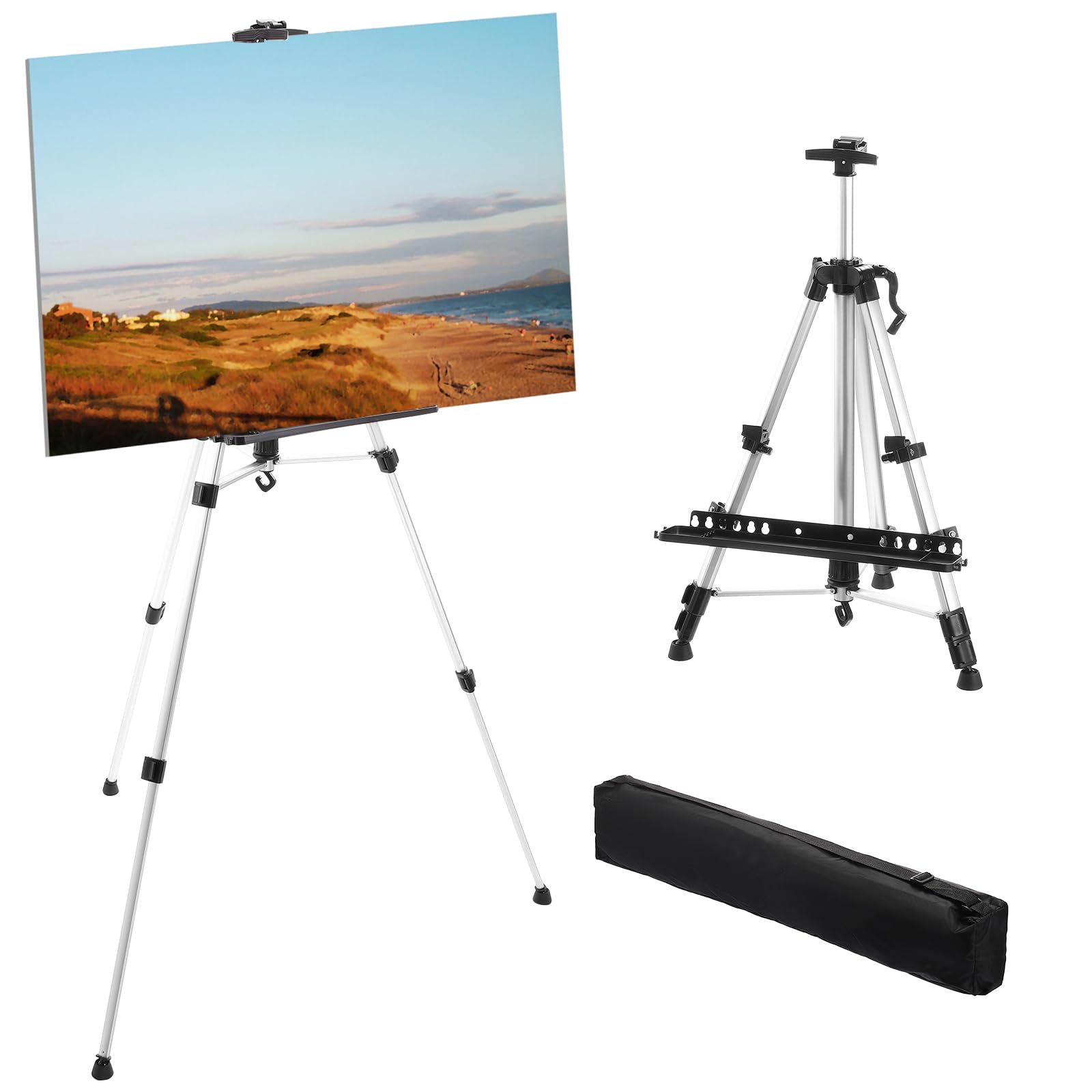 Caballete de pintura ajustable de aluminio de 21 a 61 pulgadas, trípode para artistas, portátil, con bandeja para pinceles y bolsa de transporte, perfecto para uso en mesa/suelo, caballete plateado