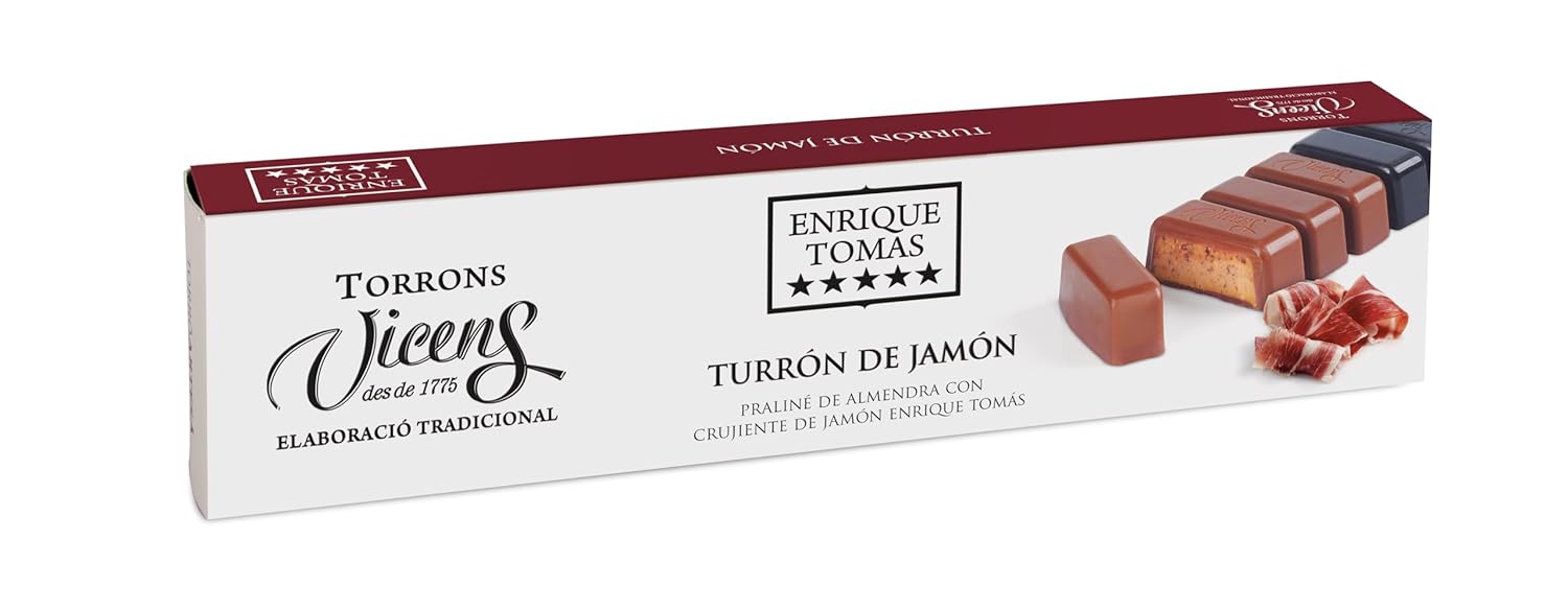 Enrique Tomás Ham Nougat by Vicens – 300g Bar – Toasted Almond Praline Turrón with Crispy Ham and Chocolate Coating