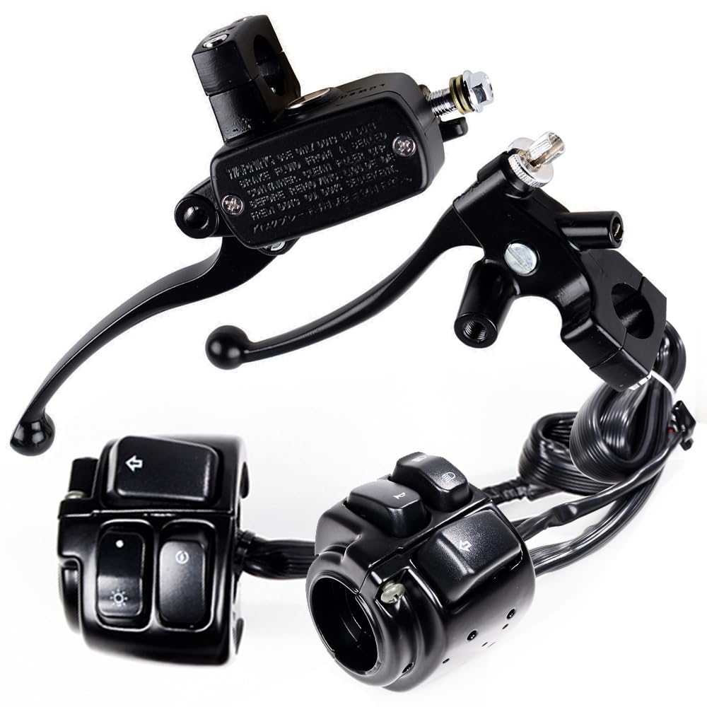 Aluminum Black Clutch Lever Hydraulic Brake Master Cylinder + Motorcycle 1" Handlebar Switch Control, Wiring Harness 12V Kit Replacement for Harley Sportster V-Rod Softail Dyna 1996-2012