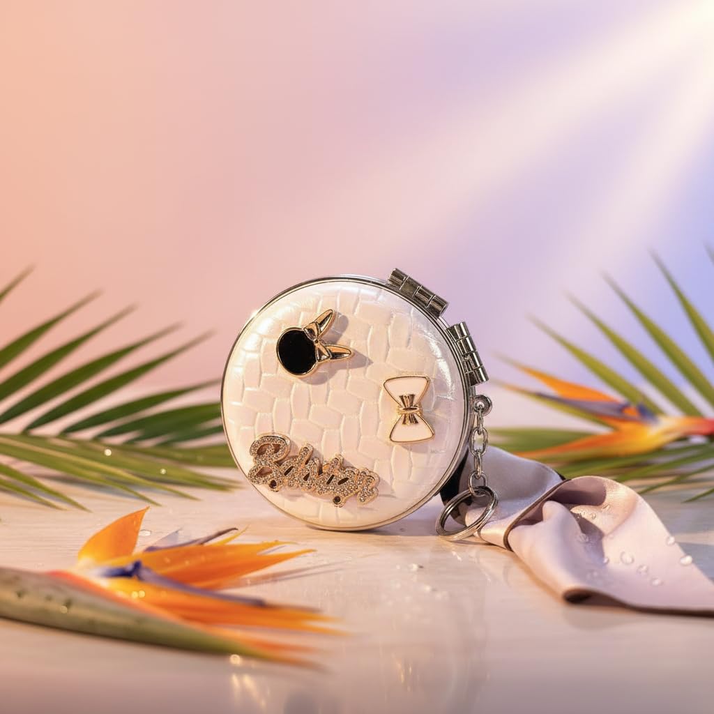 LE'SIJA Iridescent Compact Mirror, Double-Sided Round Travel Makeup Mirror with Bunny Decorations, Crystal Rhinestone Design, Leather Cover, Keychain Attached-image-31