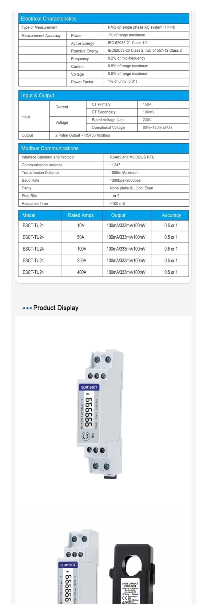 SDM120CT-M/V+TU24 100 A/0,1 V Fase 2 Fili, 230 V, RS485 Modbus, contatore di energia ferroviaria