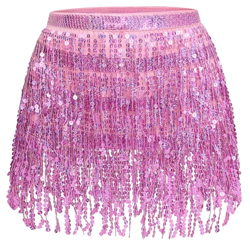 Womens Sequin Tassel Skirts Sparkly Rave Fringe Hip Scarf for Festival Costume(Pink)