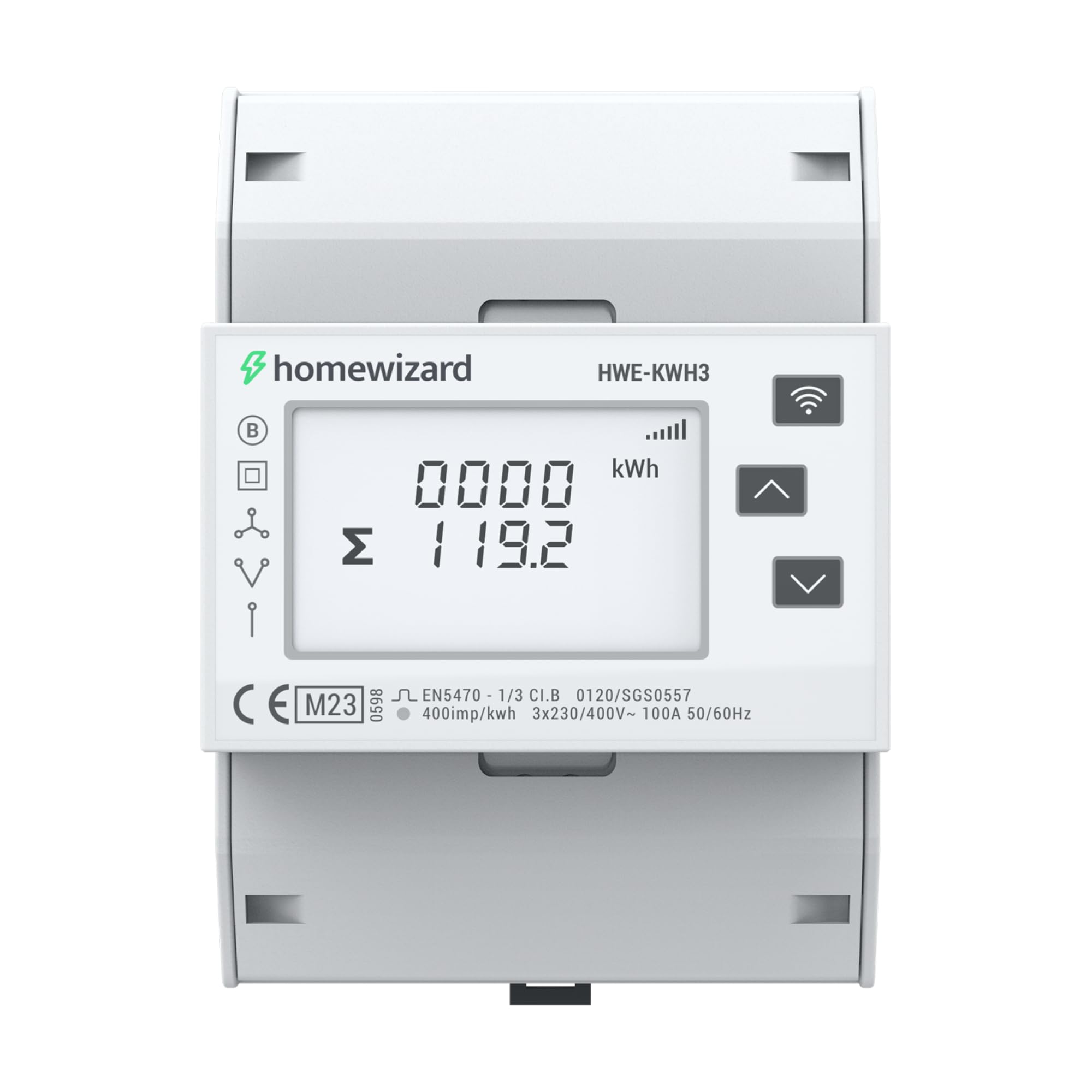 HomeWizard kWh Meter WLAN 3 Phasen, MID zertifizierter Stromzähler | 35 mm DIN Schiene, 100A 230V, für Solar, Wärmepumpe, Elektroauto und Balkonkraftwerk