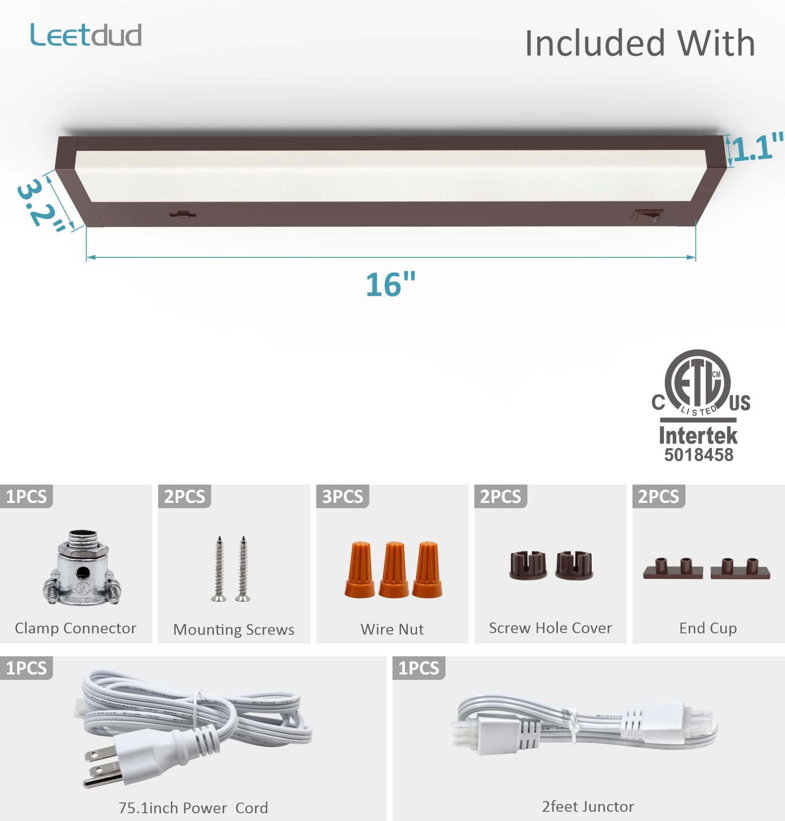 Leetdud - LED Unterschrankbeleuchtung 16" 8W steckbar 5 Farbtemperaturen 2700K/3000K/3500K/4000K/5000K, ETL-geprüft, dimmbar, verdrahtet oder steckbar für