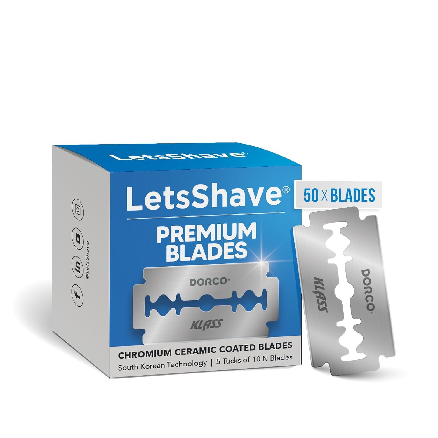 LetsShave Premium DE -Blade, Pack of 50, 5 Tucks of 10 N, Chromium Ceramic Coated Blades, South Korea Technology, Blades- for Men