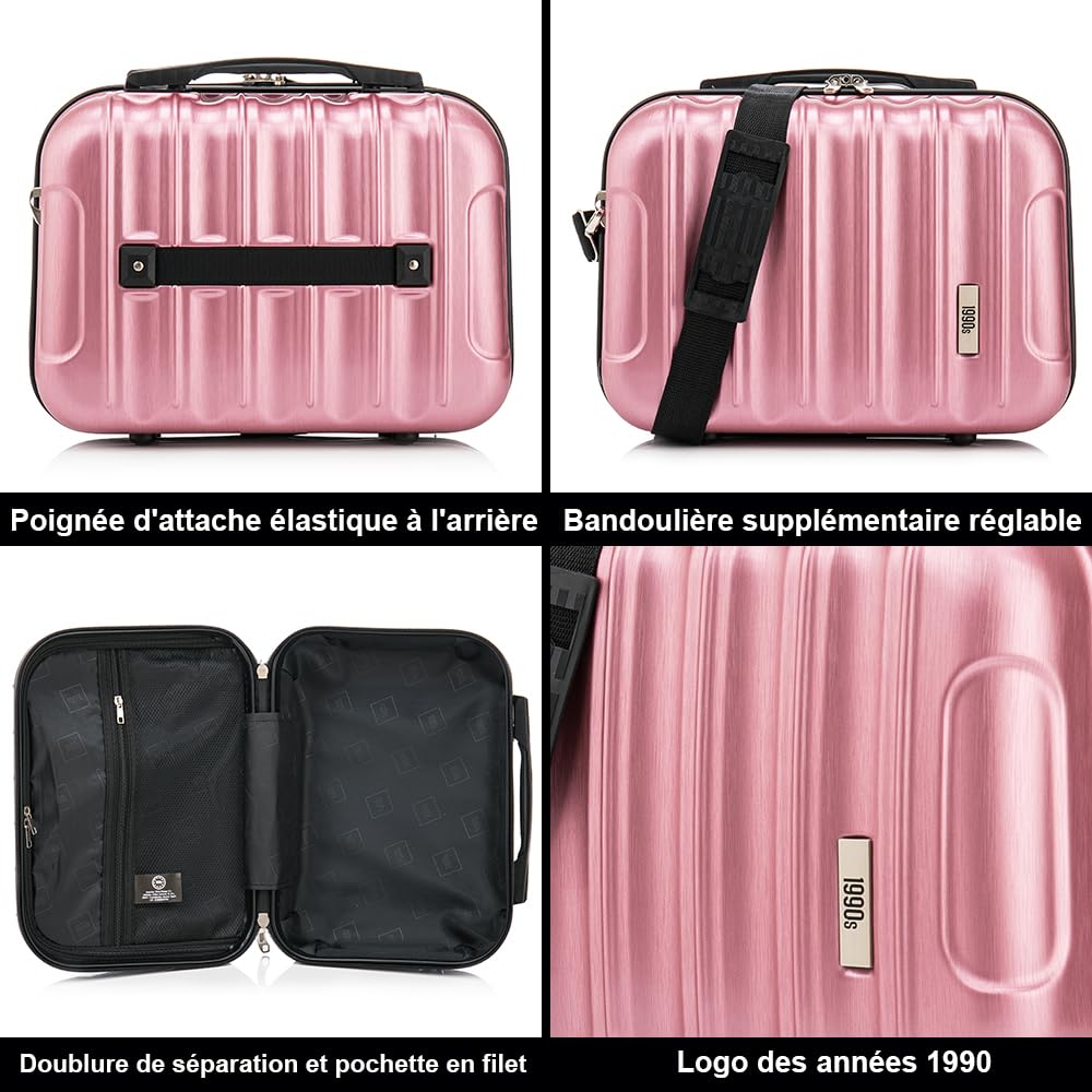 1990s Set de 3 valises de Voyage Cabine 55x39x21cm (45L), Moyenne 65cm, Trousse de Toilette, Valise Rigide Polycarbonate - Or rosé