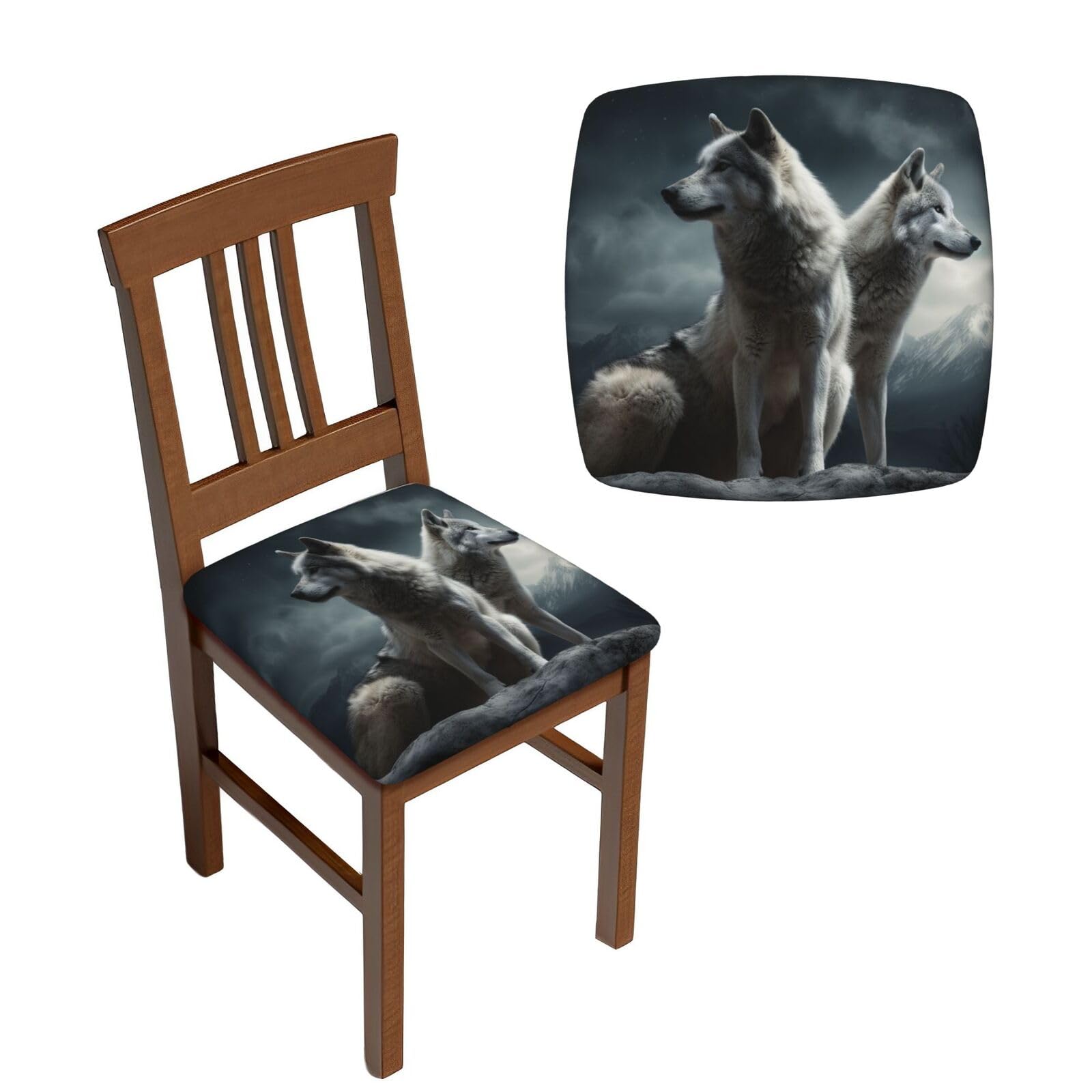 FodPand 2PCS Dining Chair Covers for Dining Room Wolf at Night Chair Seat Cover Stretch Parsons Chair Slipcover Removable Washable Seat Cushion Slipcovers Cover for Kitchen Office