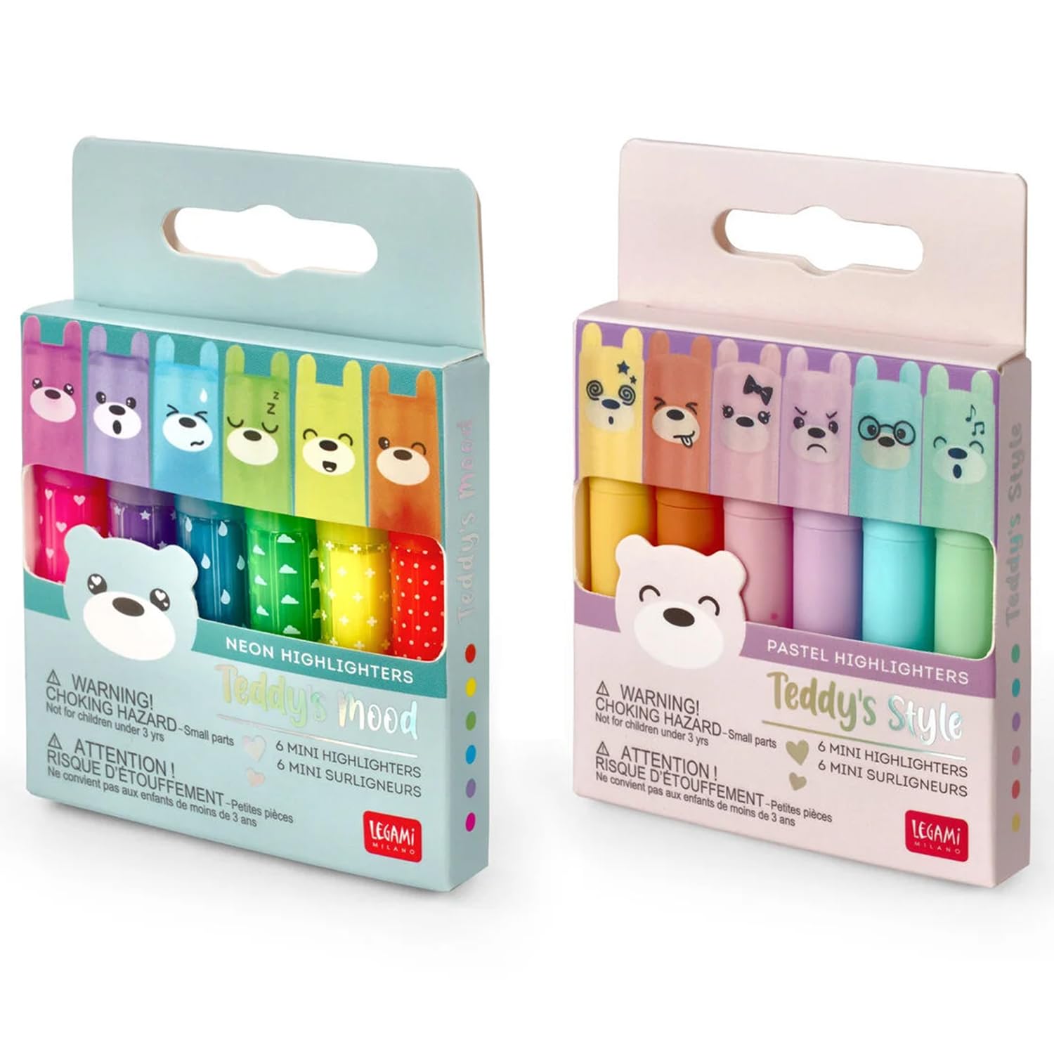 LEGAMI Mini Highlighters - Set of 12 Pens - Teddy's Mood & Teddy's Style - Pastel & Neon Colours, neon, pastel, 1 count (Pack of 12)