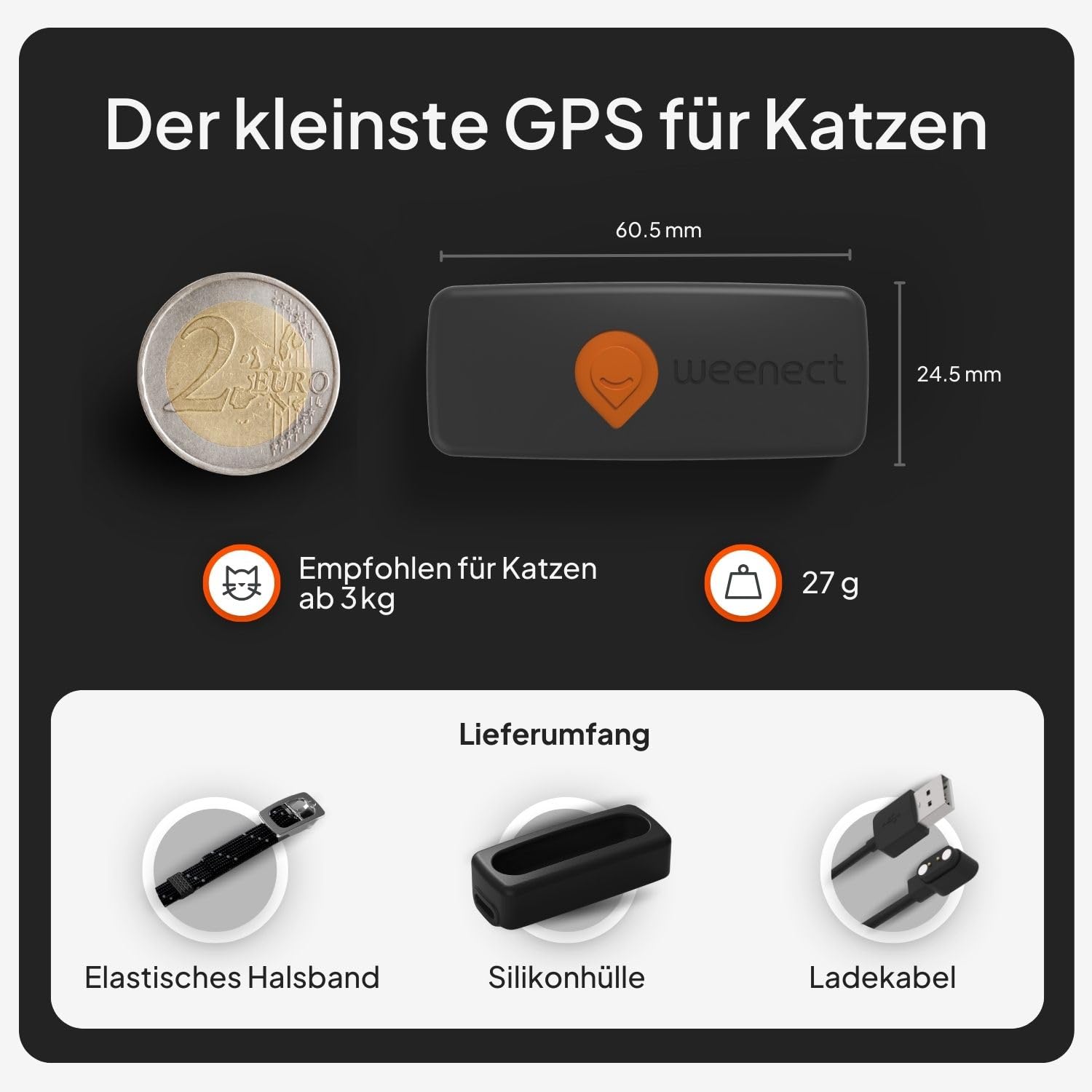 Weenect XS für Katzen - NEU Mini GPS-Tracker für Katzen | GPS-Tracking in Echtzeit | Ohne Distanzlimit | Kleinstes Modell auf dem Markt (Schwarz, XS)