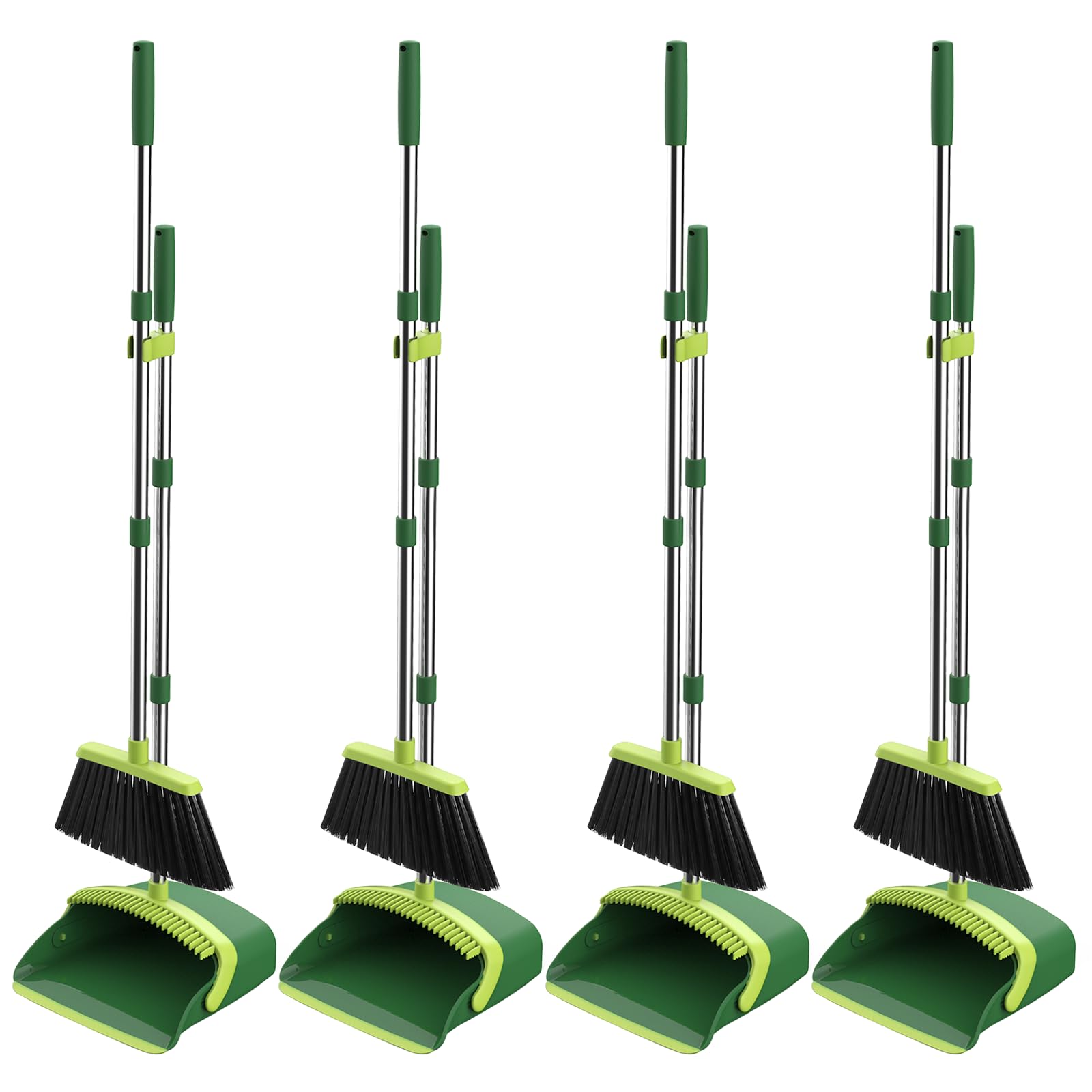 Broom and Dustpan Set, 52-in Long Adjustable Handle Broom Dustpan Combo with Dust pan Teeth to Automatically Clean Hair Suitable for Home Kitchen Office Hall Floor (Green), 4 Pack