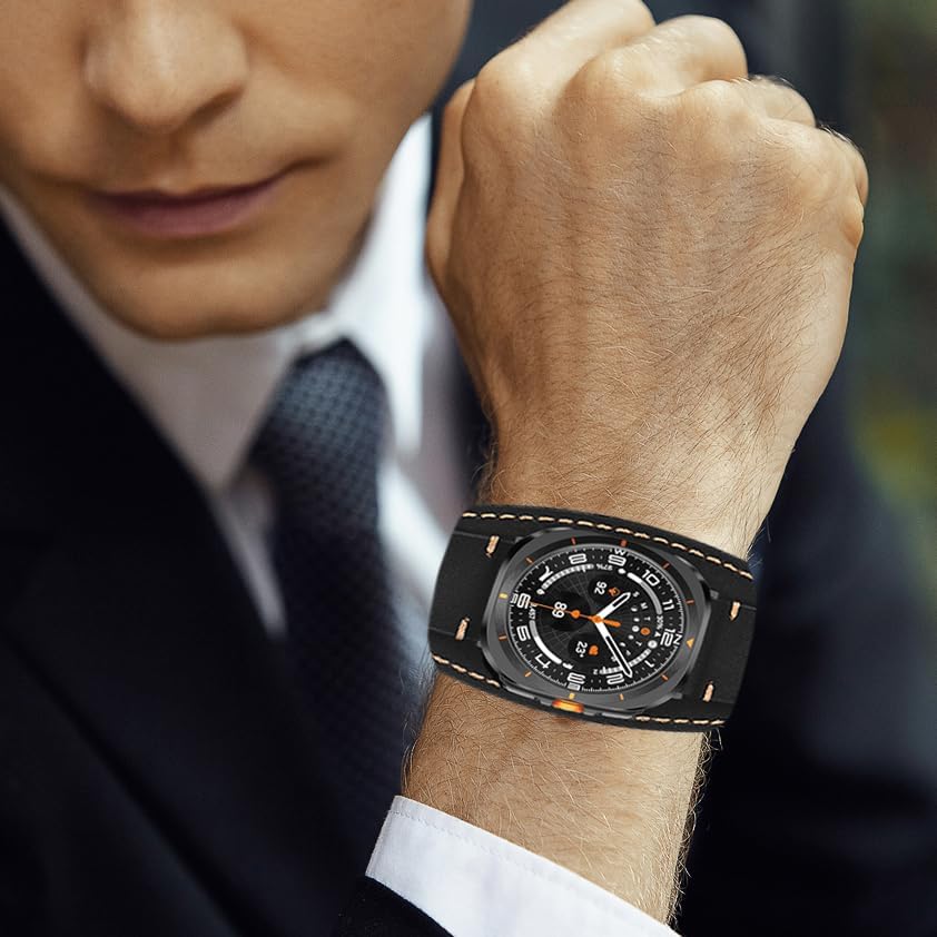 Genuine Leather Bands Compatible with Samsung Galaxy Watch Ultra 47mm Replacement Wristband,Smart Watch Bracelet Wristband Crazy Horse Cuff Adjustable Quick Release Straps for Women Men.