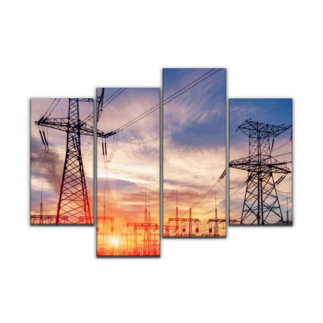 Sudoiseau Wall Art Painting Distribution Electric substation with Power Lines and Transformers Pictures Canvas Prints Poster Oil Paintings Landscape Paint Modern Home Decor Artwork Gift, 4 Panels
