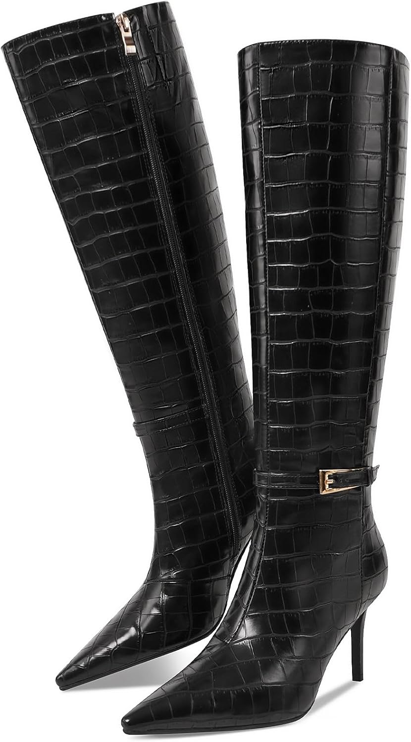 Knee High Boots Women Stiletto High Heel 3.3in, Side Zipper Pointed Toe Metal Buckle Tall Boots Dress Boots for Women, Comfortable Faux Leather Below the Knee Long Boots - Image 6