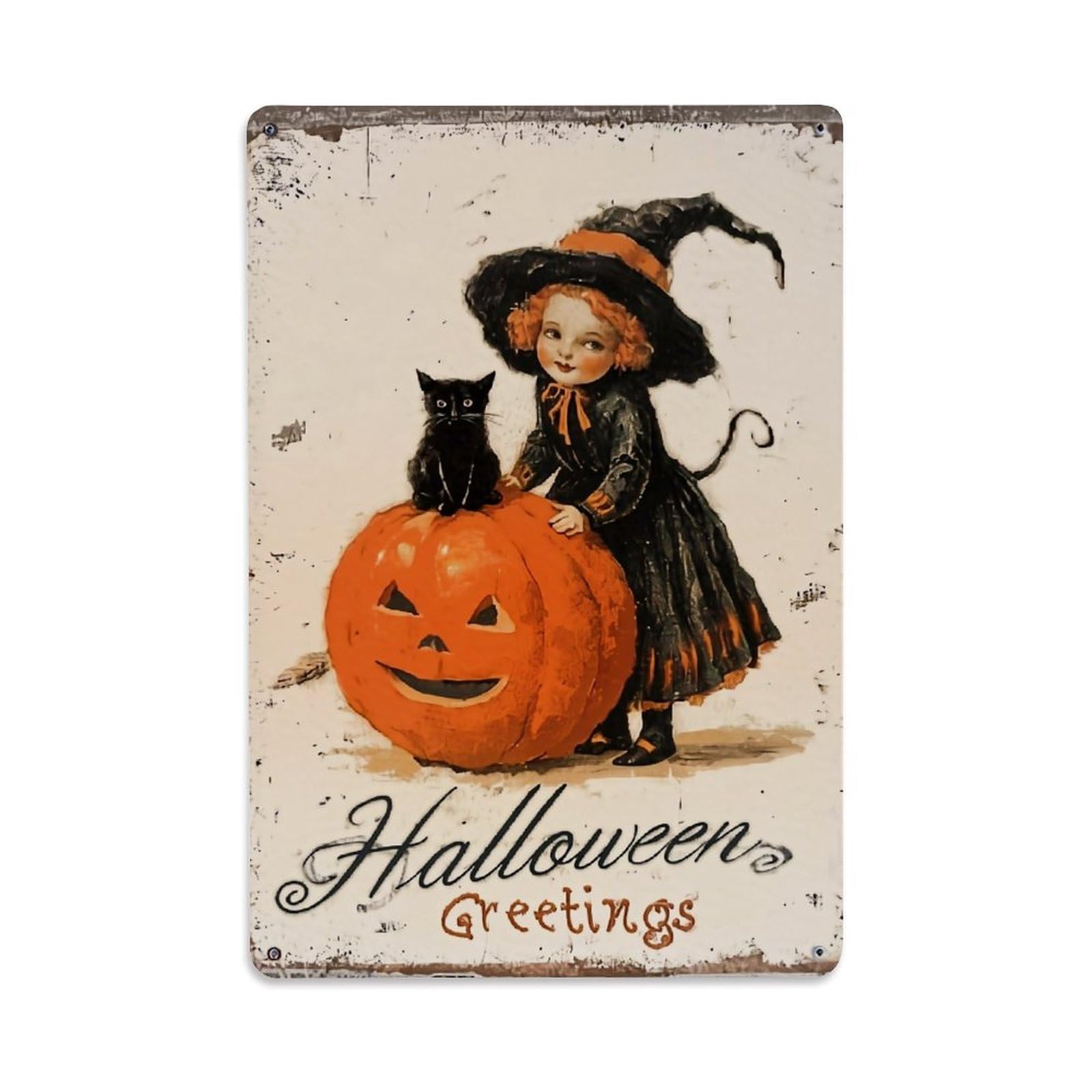 Vintage Halloween Witch Pumpkin Greetings Retro Metal Tin Sign, Vintage Metal Poster for home, Gaming Room, Studio Workshop,Bar,Garage Wall Art Decor 8x12 Inch