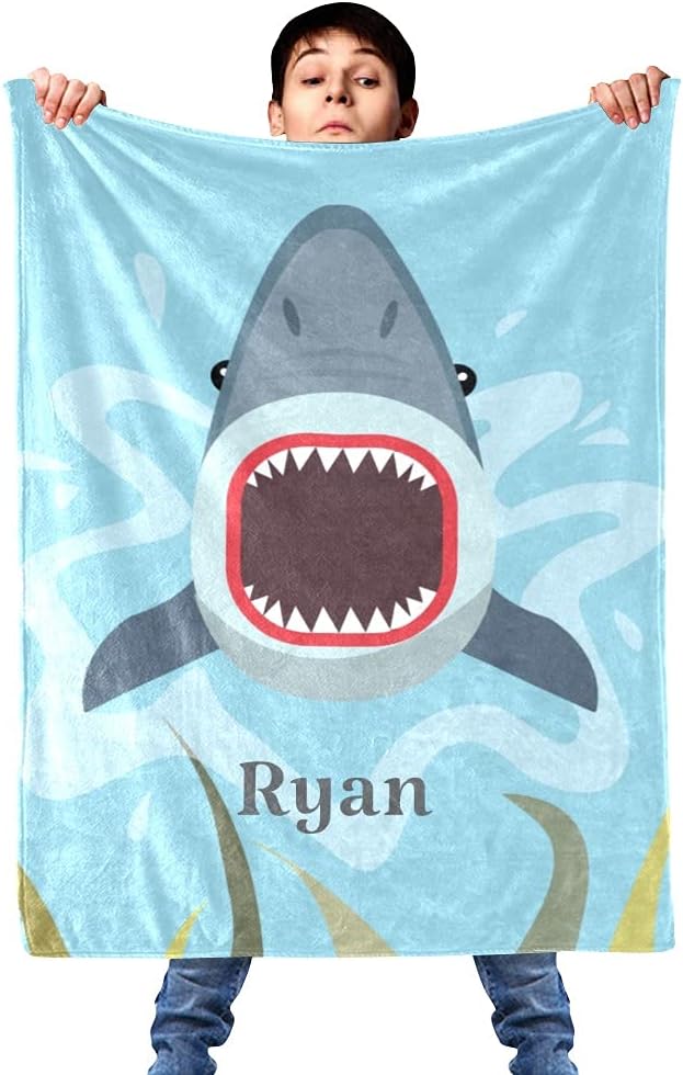 Shark Underwater Personalized Receiving Baby Blankets for Girls Boys Kids with Name,Customized Swaddle Blankets Gift for Newborn Crib Infants 30x40 Inches