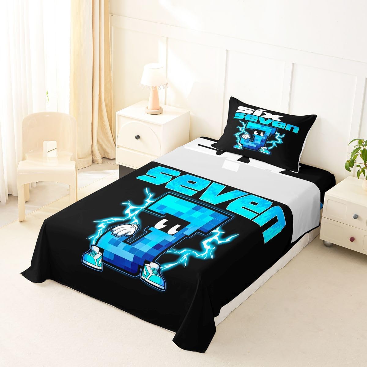 jejeloiu Six Seven Bed Sheets Set Twin Size Letter J Bed Set for Kids Boys Girls Funny 6 7 Deep Pocket Fitted Sheet Breathable Soft Lightweight Microfiber