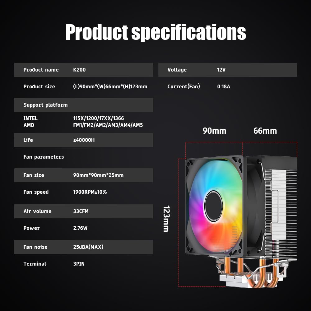 Ventilateurs CPU TZMRIT KF200 LED - Lot De 2, 92mm, 2200 Tr/min, Pour Intel LGA115X Et AMD AM4/AM5