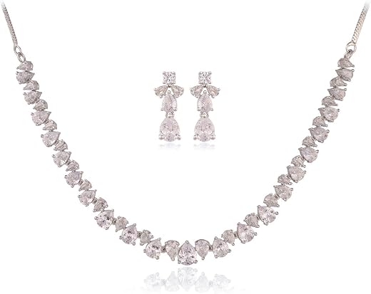 Ratnavali Jewels American Diamond Gold Plated Traditional Fashion Jewellery Red White Necklace Pendant Set with Earring fo...